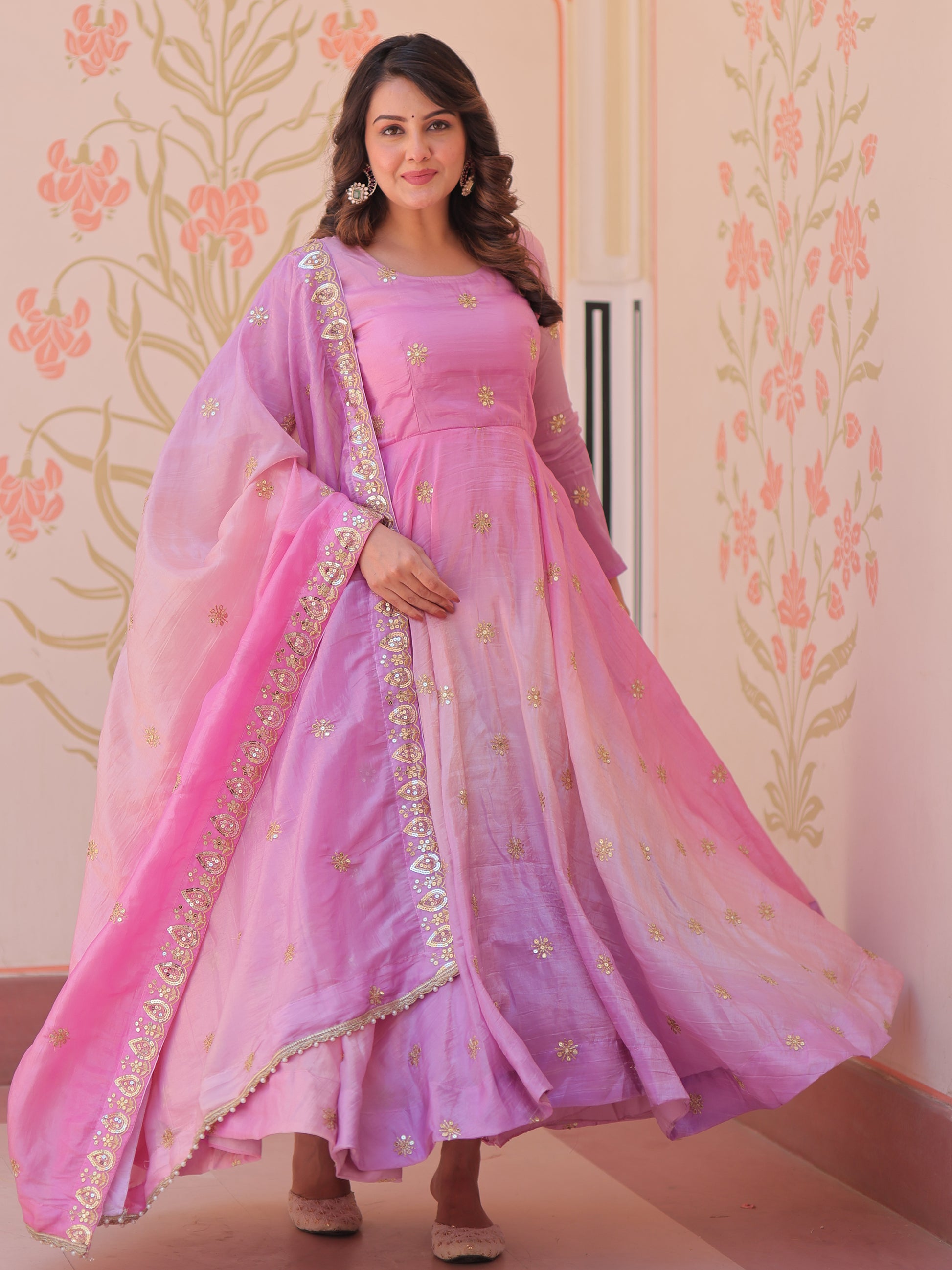 Beautiful Pink Organza Festive Wear Sequins Gown With Dupatta