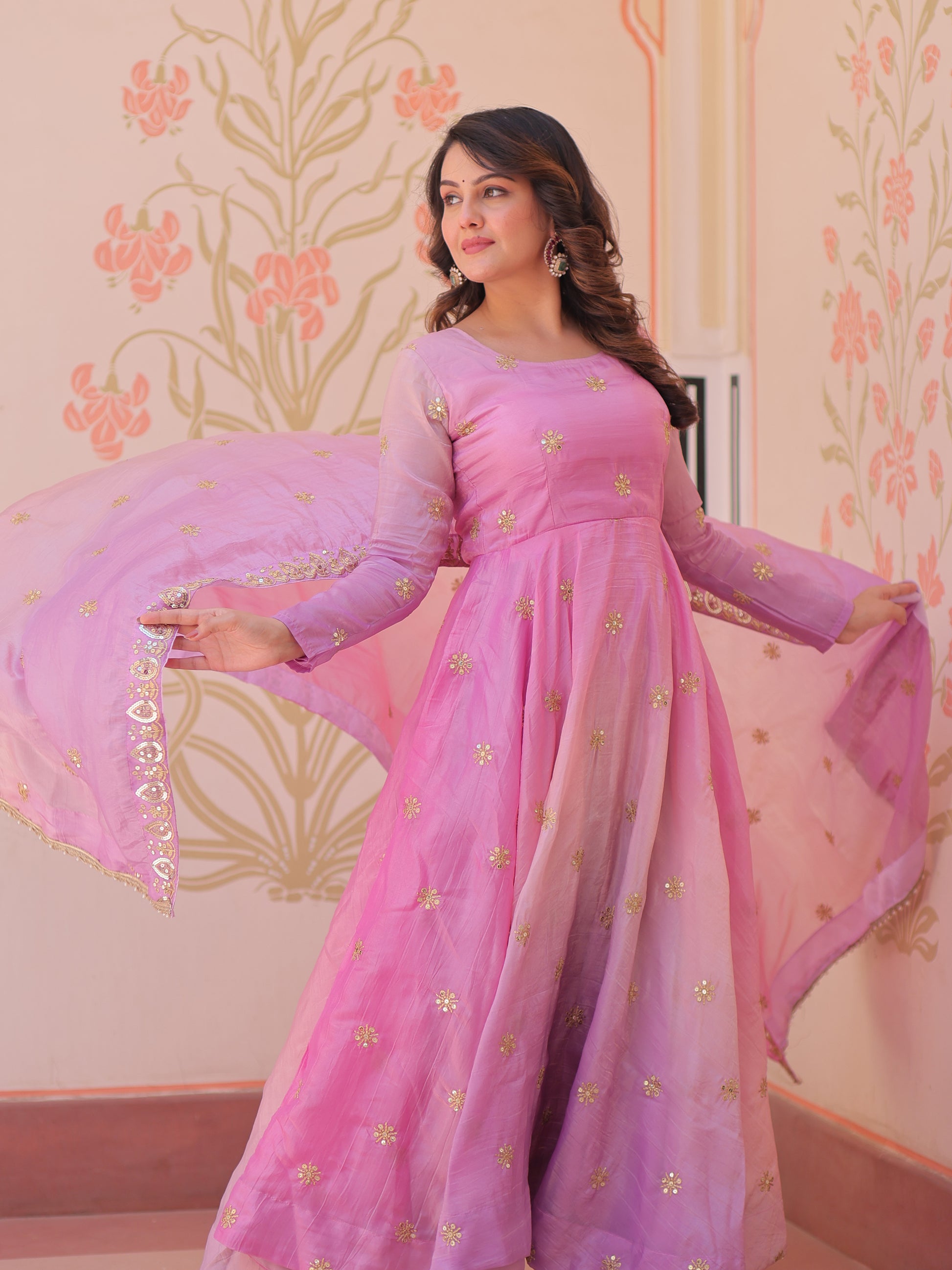 Beautiful Pink Organza Festive Wear Sequins Gown With Dupatta