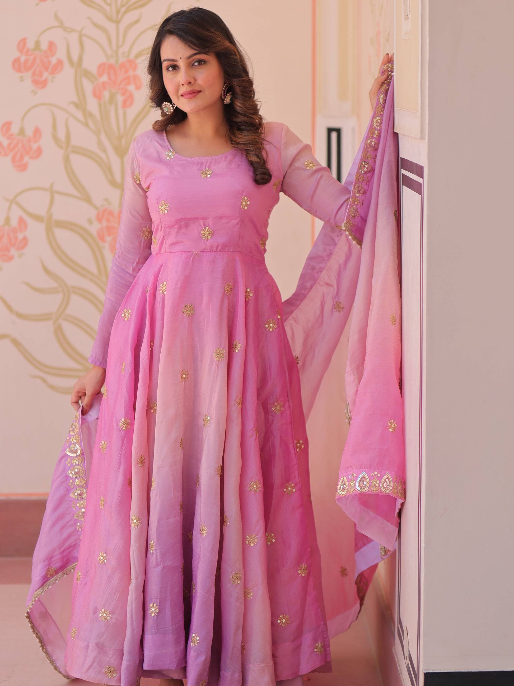 Beautiful Pink Organza Festive Wear Sequins Gown With Dupatta