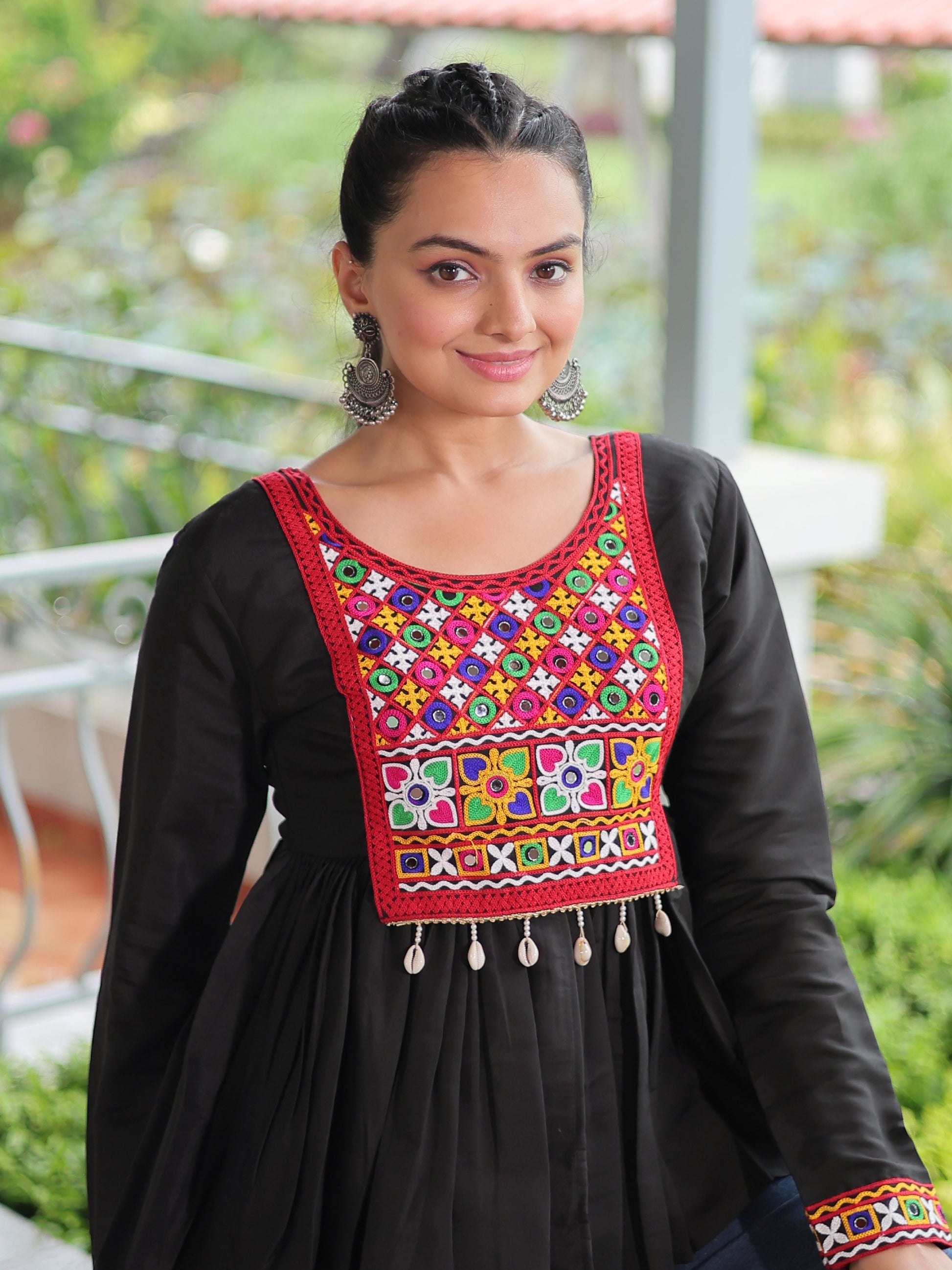Mesmerizing Black Kutchi Work Silk Navratri Wear Kediya Style Top