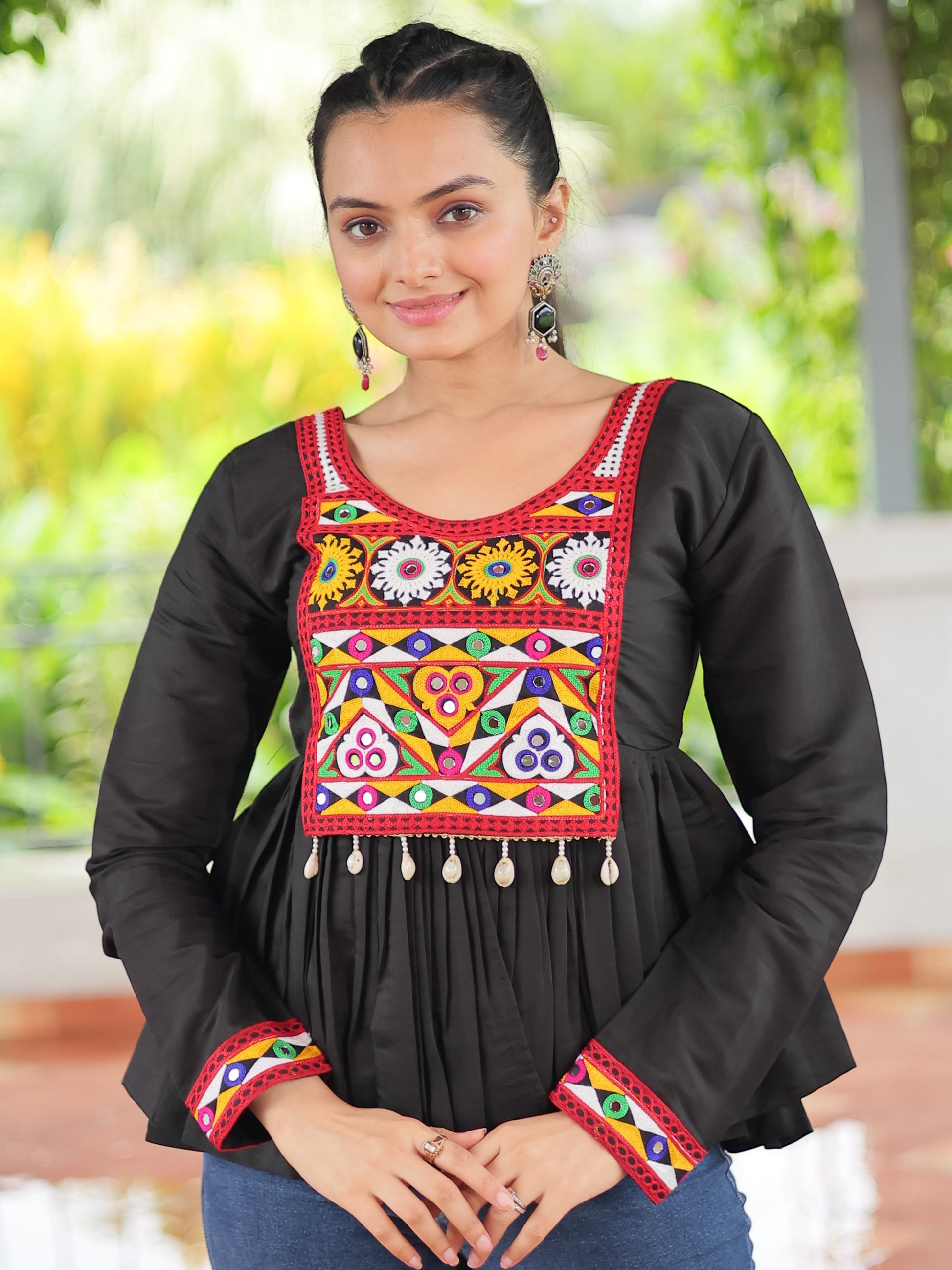 Pretty Black Gamthi Work Silk Navratri Special Kediya Style Top