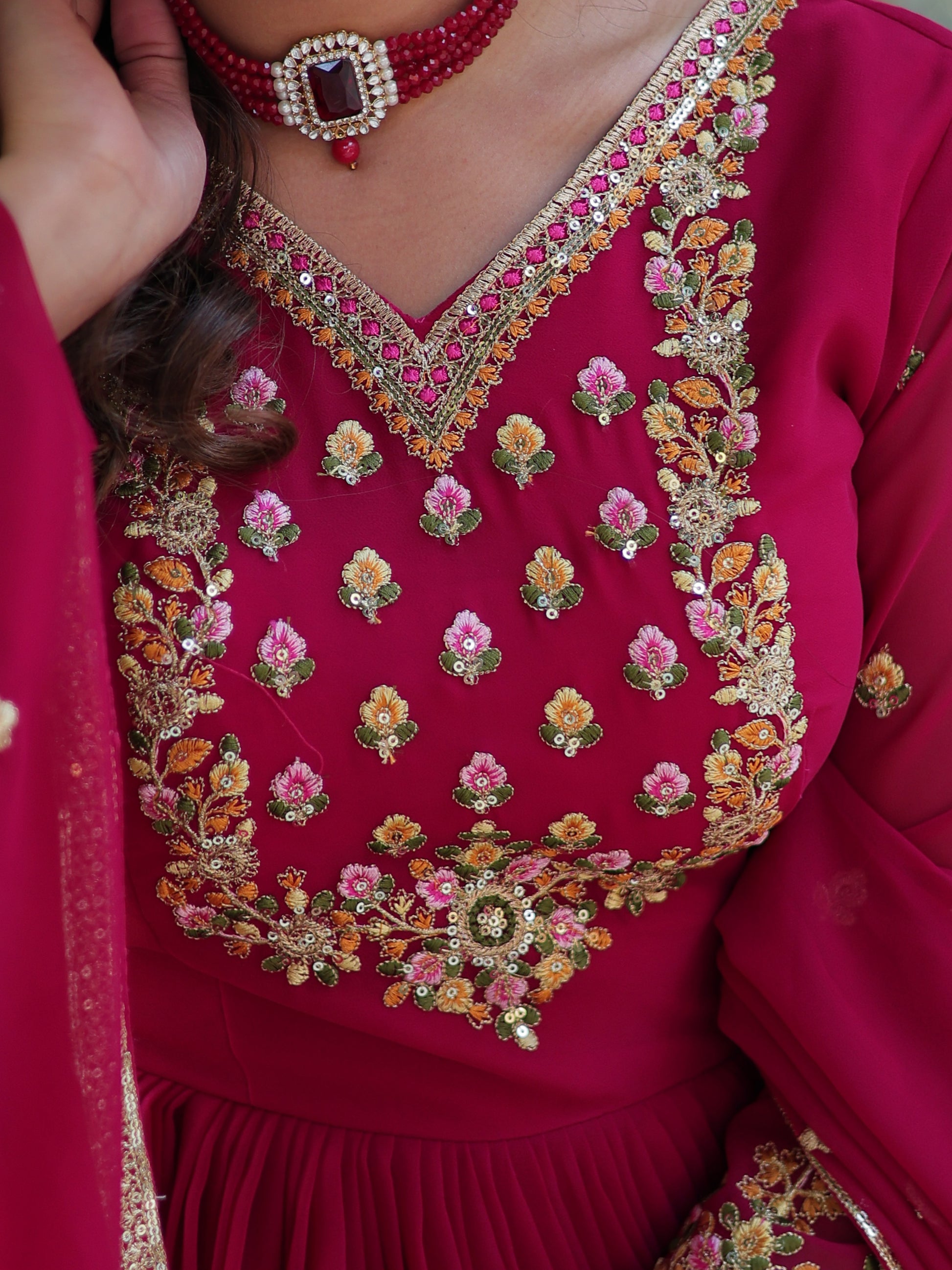 Gorgeous Pink Floral Embroidered Georgette Eid Special Gown With Dupatta