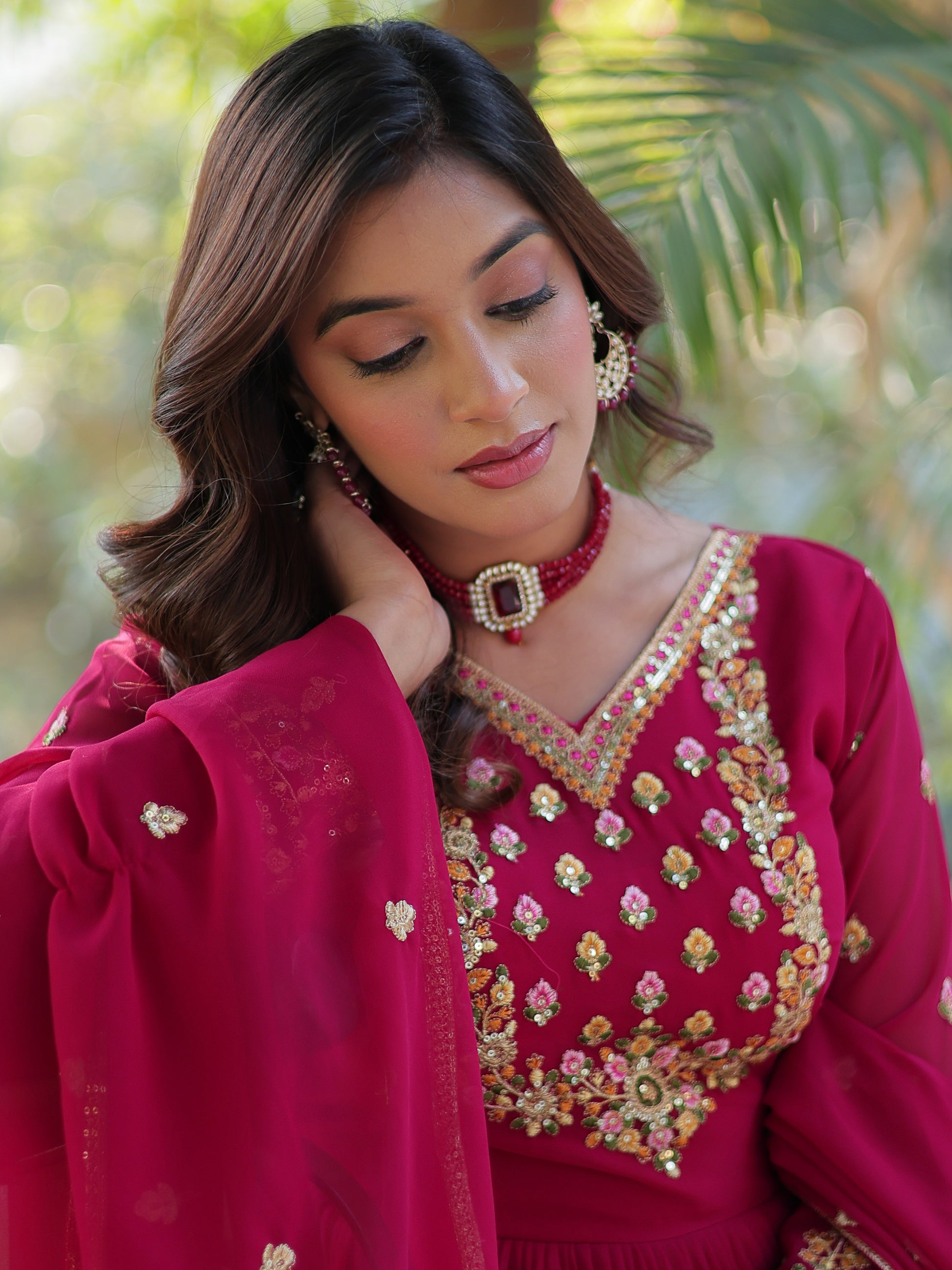 Gorgeous Pink Floral Embroidered Georgette Eid Special Gown With Dupatta