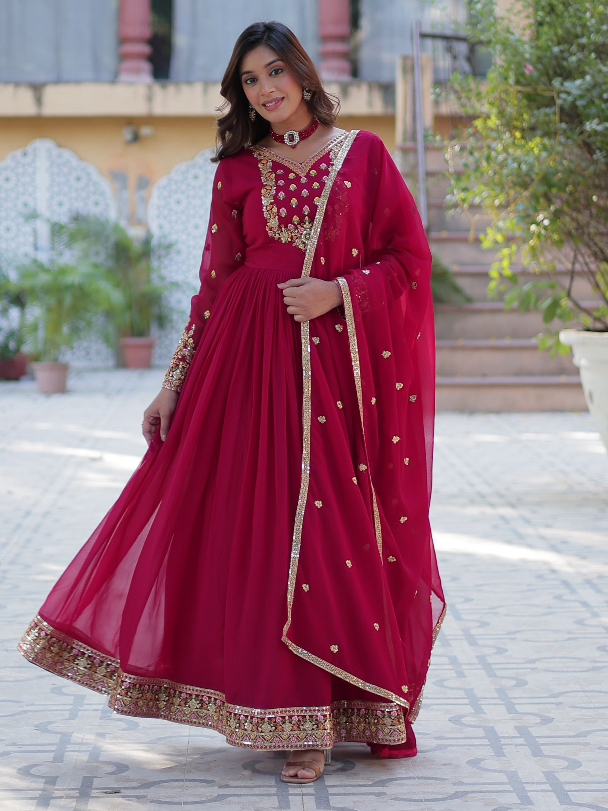 Gorgeous Pink Floral Embroidered Georgette Eid Special Gown With Dupatta