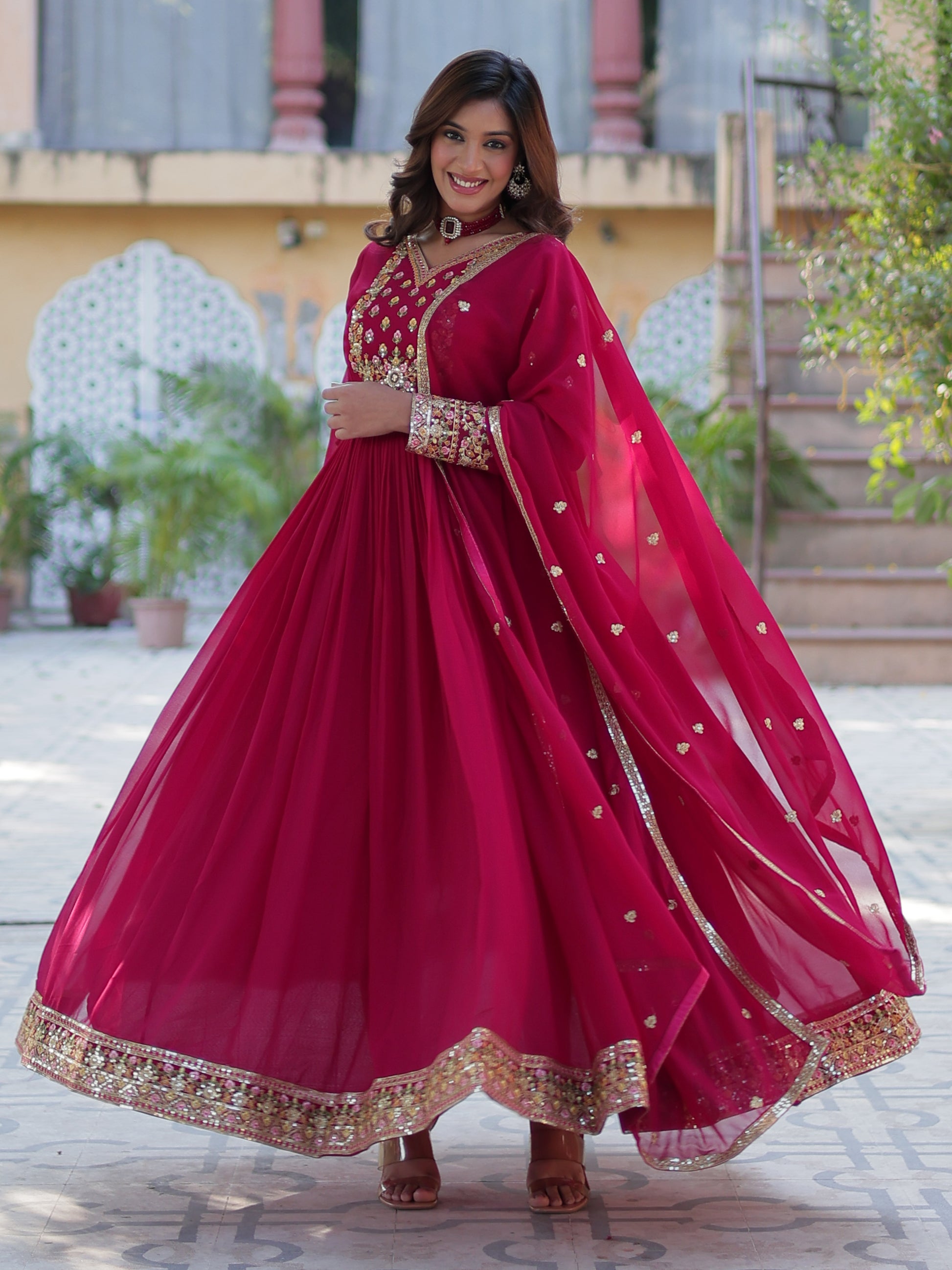 Gorgeous Pink Floral Embroidered Georgette Eid Special Gown With Dupatta