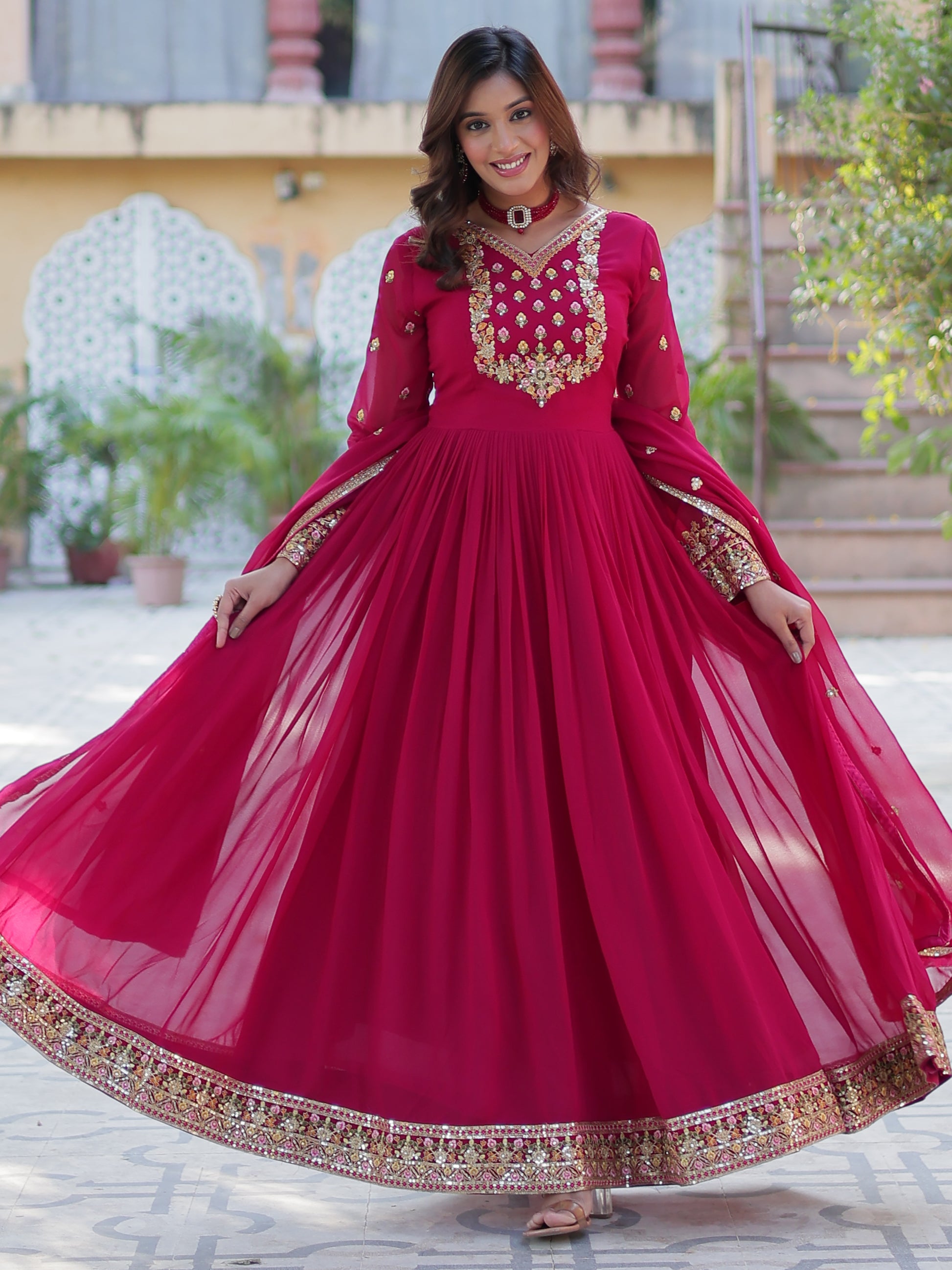 Gorgeous Pink Floral Embroidered Georgette Eid Special Gown With Dupatta