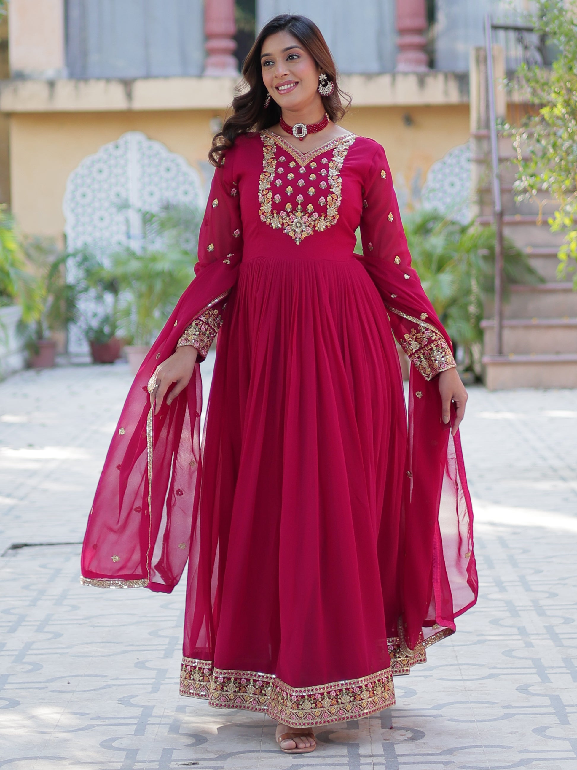 Gorgeous Pink Floral Embroidered Georgette Eid Special Gown With Dupatta