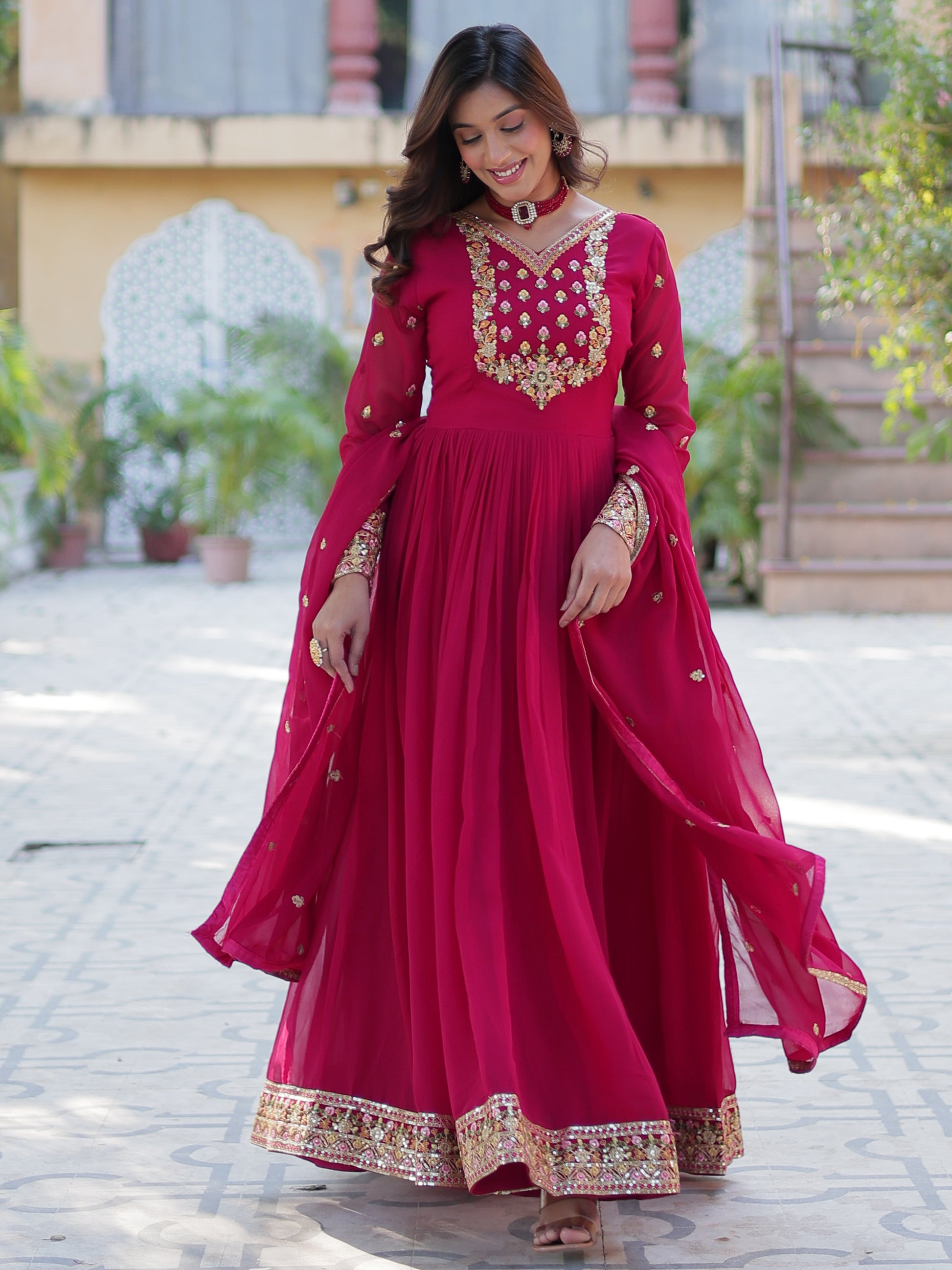 Gorgeous Pink Floral Embroidered Georgette Eid Special Gown With Dupatta