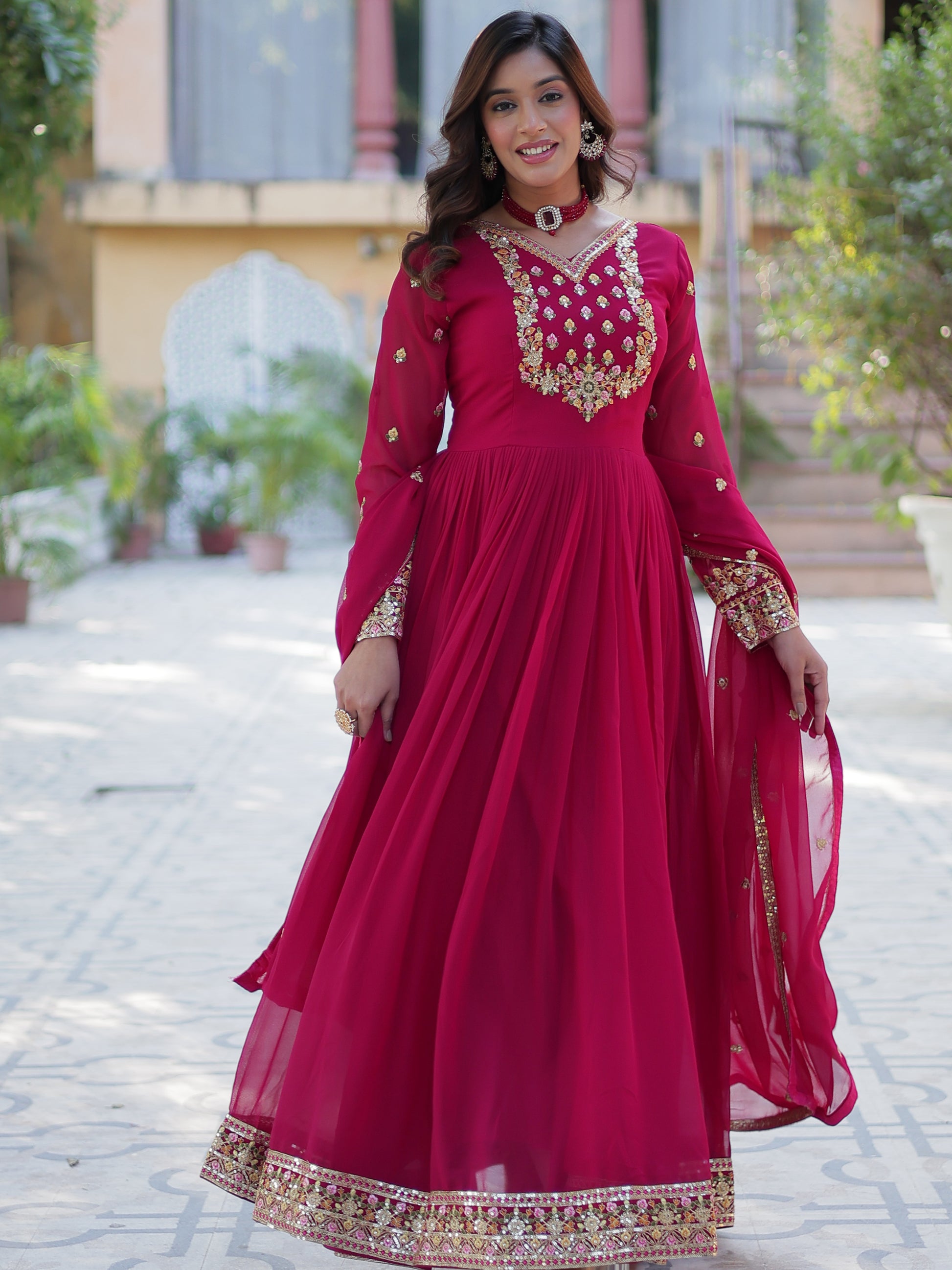 Gorgeous Pink Floral Embroidered Georgette Eid Special Gown With Dupatta