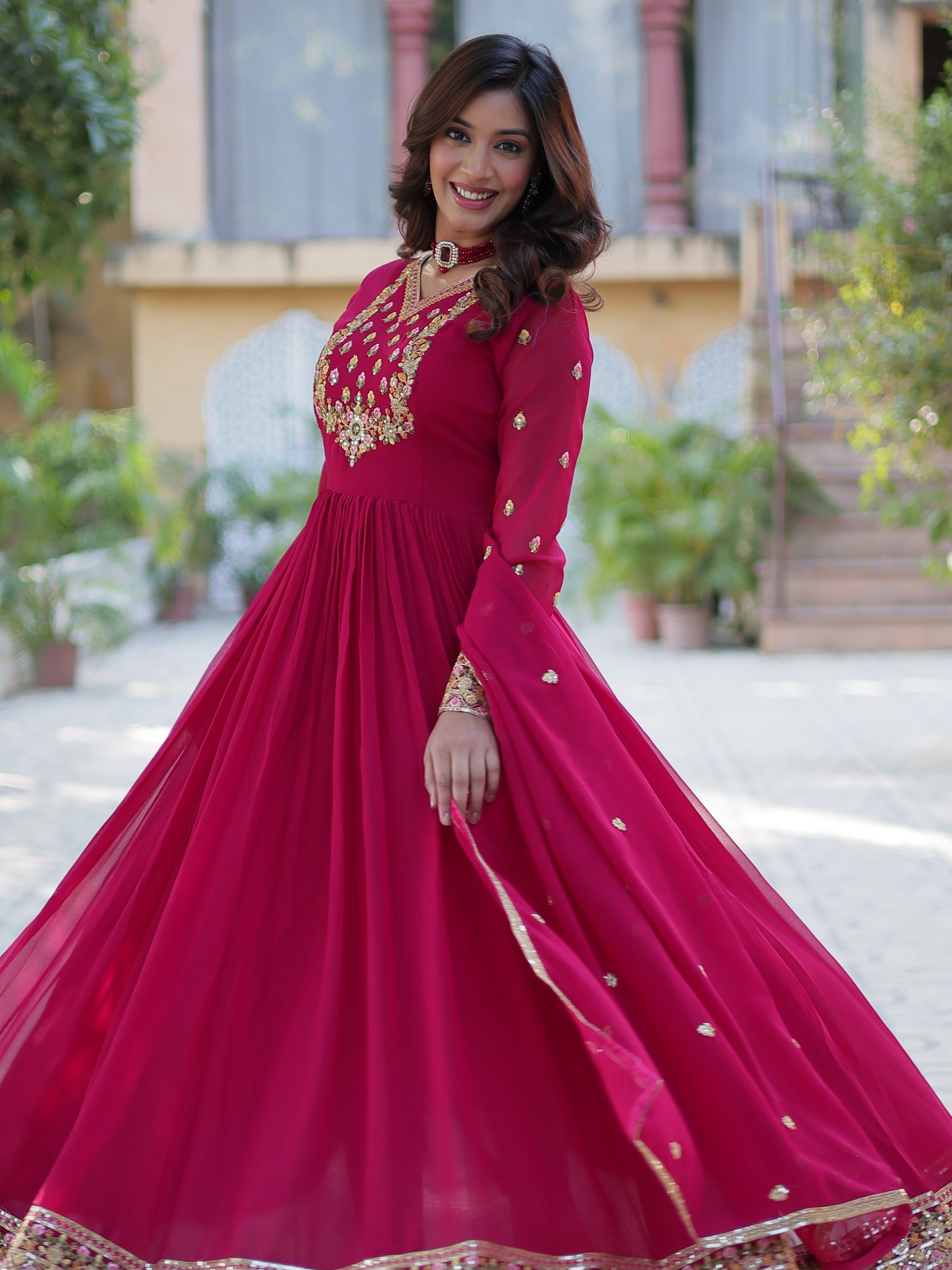 Gorgeous Pink Floral Embroidered Georgette Eid Special Gown With Dupatta