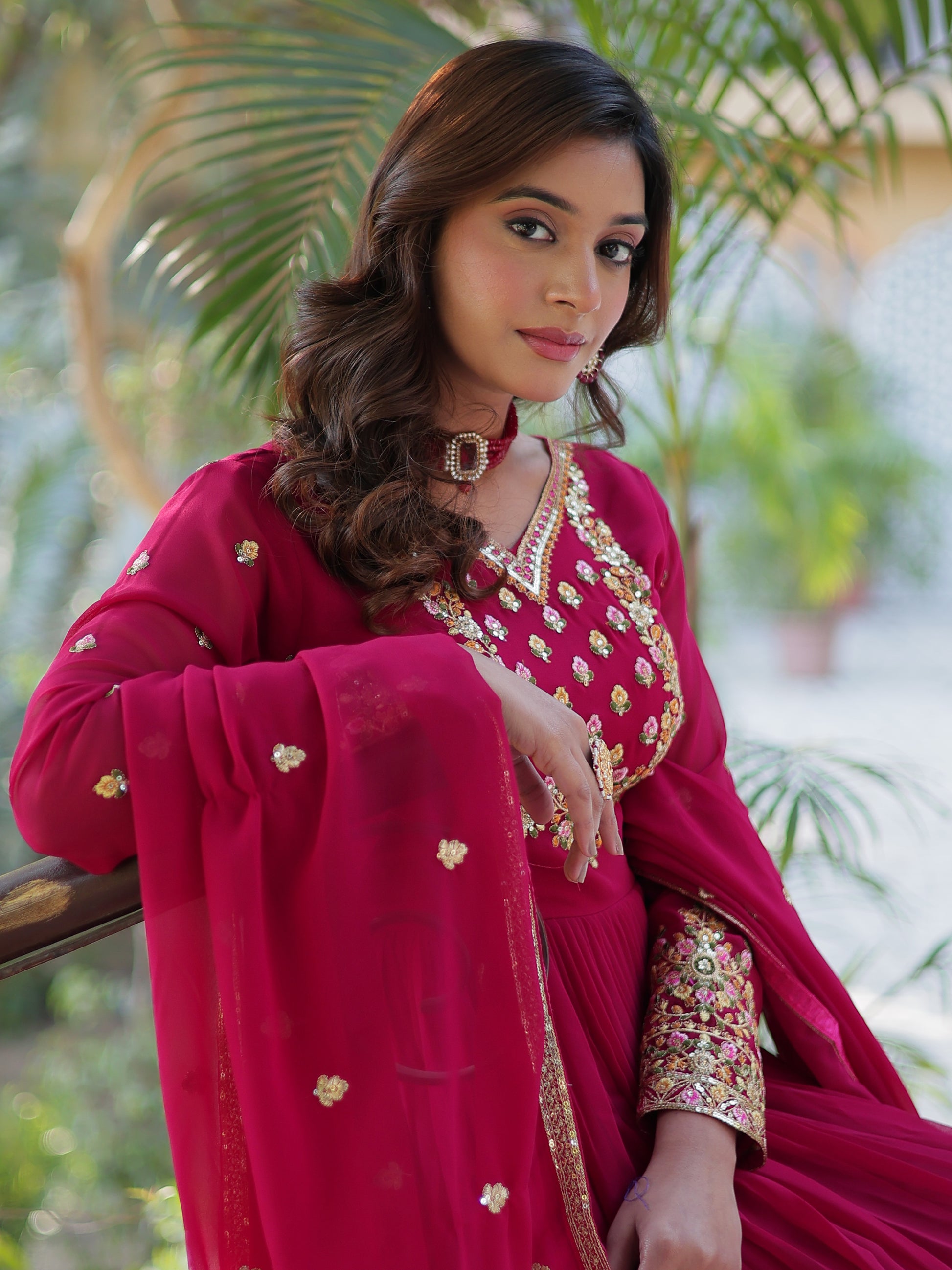 Gorgeous Pink Floral Embroidered Georgette Eid Special Gown With Dupatta