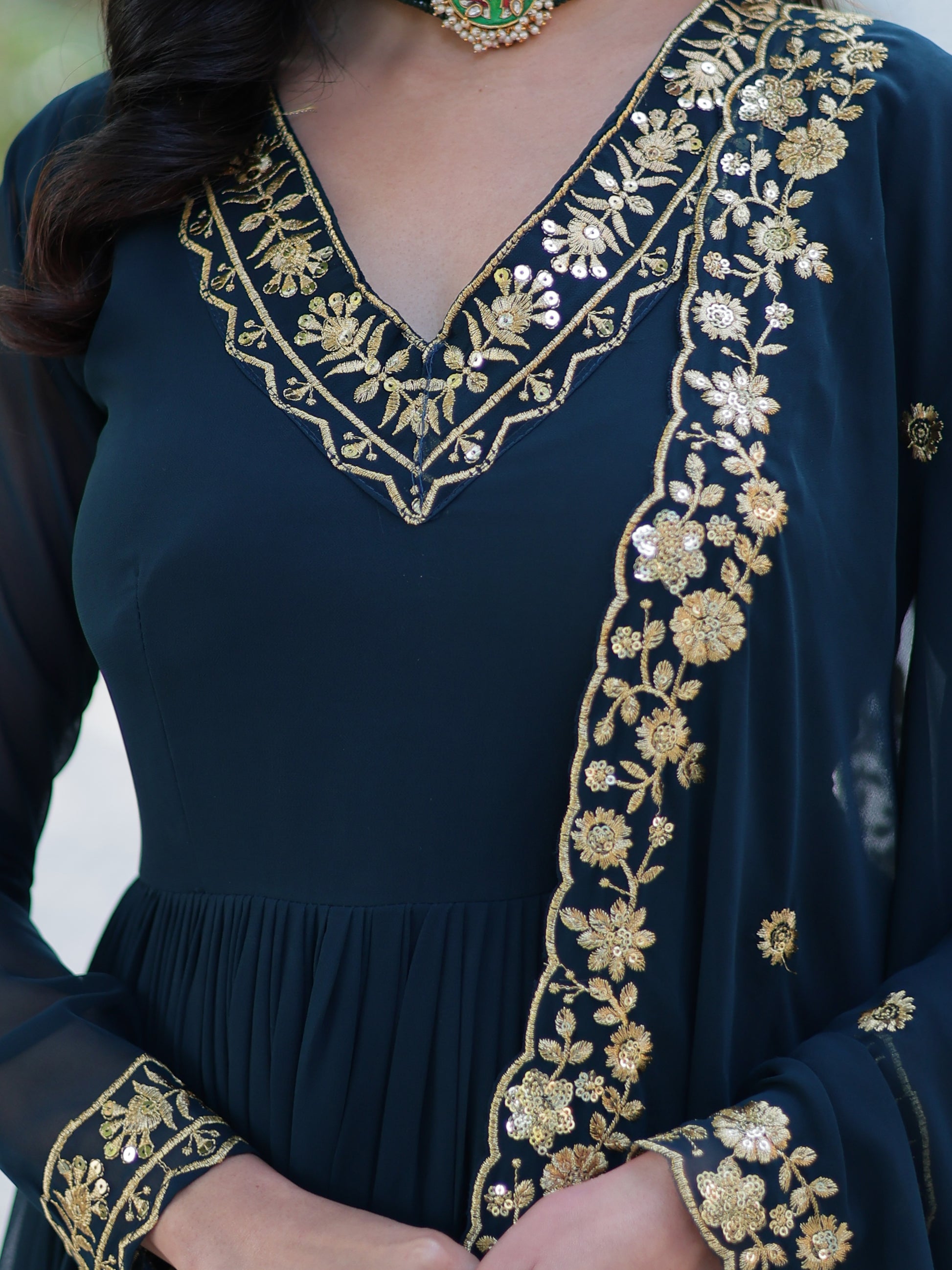 Enchanting Rama Blue Floral Thread Work Georgette Festive Wear Gown With Dupatta