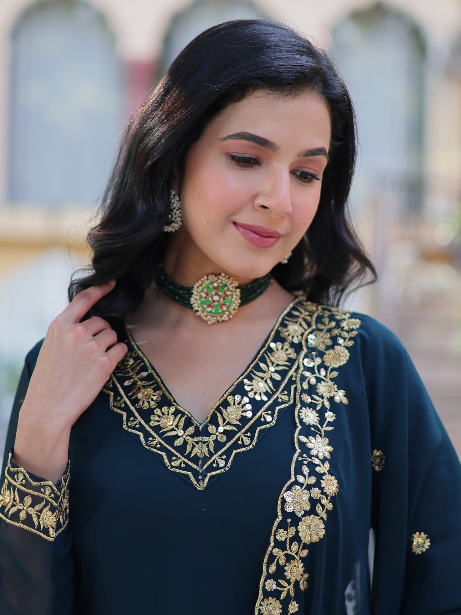 Enchanting Rama Blue Floral Thread Work Georgette Festive Wear Gown With Dupatta
