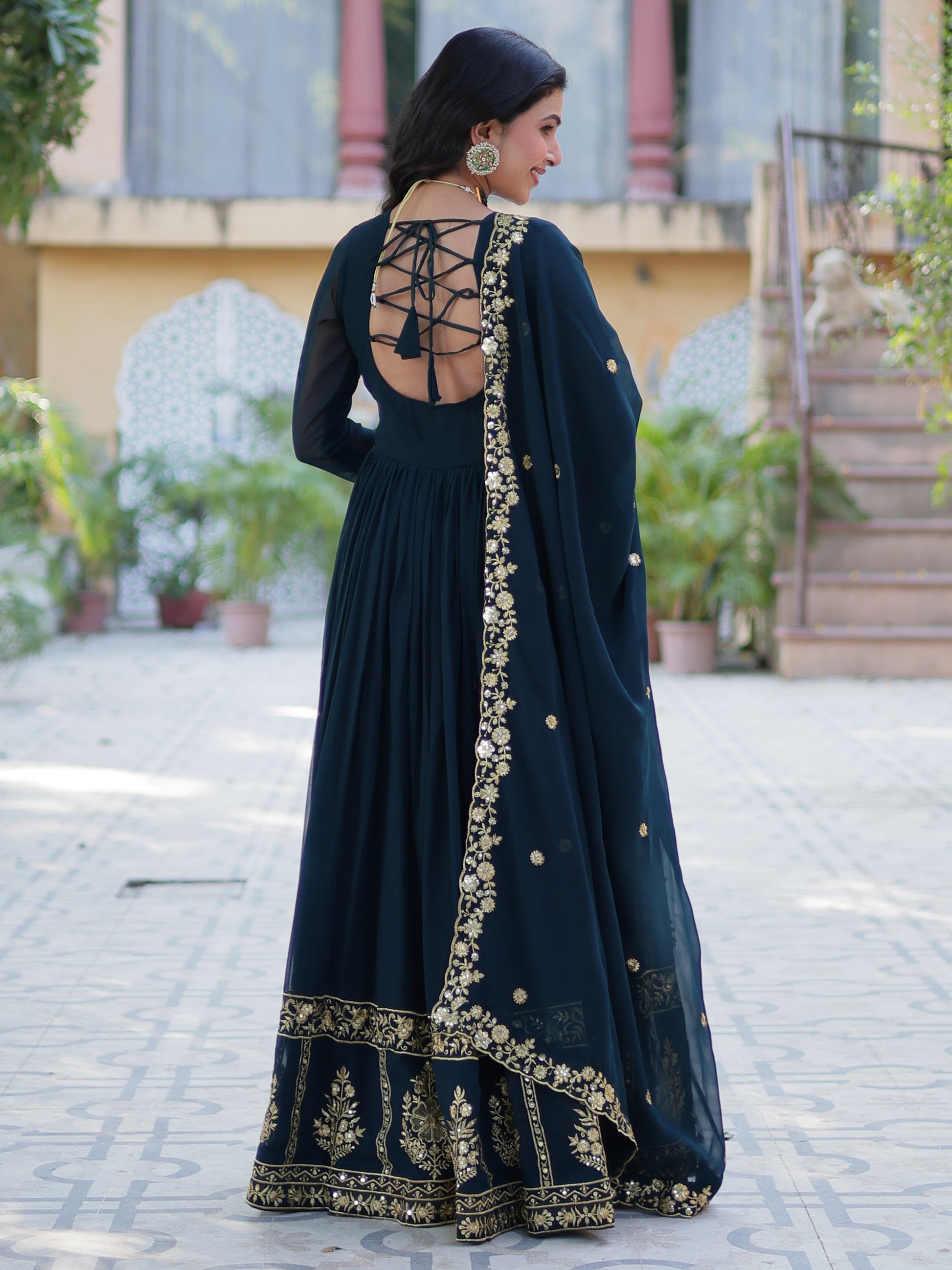 Enchanting Rama Blue Floral Thread Work Georgette Festive Wear Gown With Dupatta
