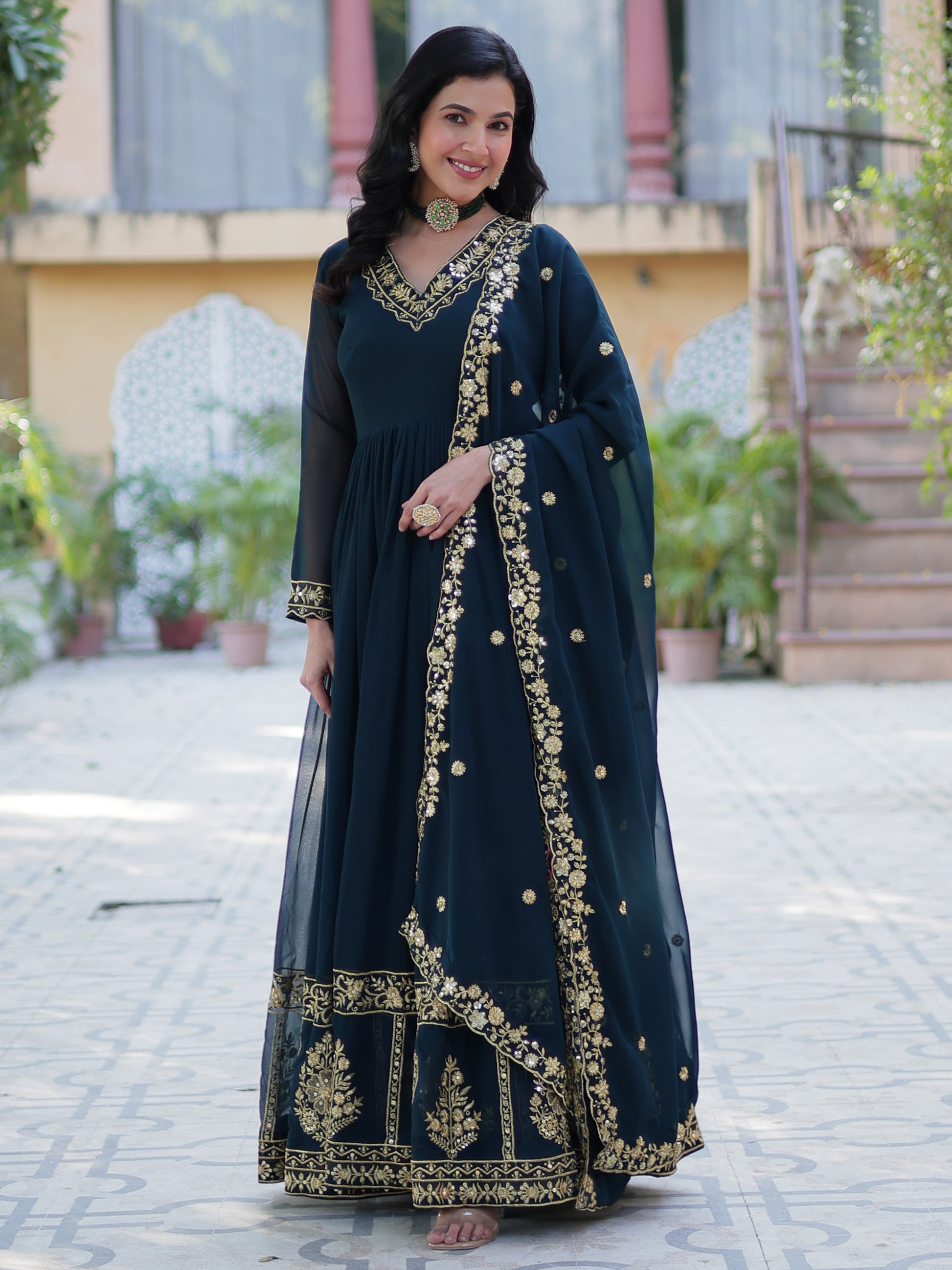 Enchanting Rama Blue Floral Thread Work Georgette Festive Wear Gown With Dupatta