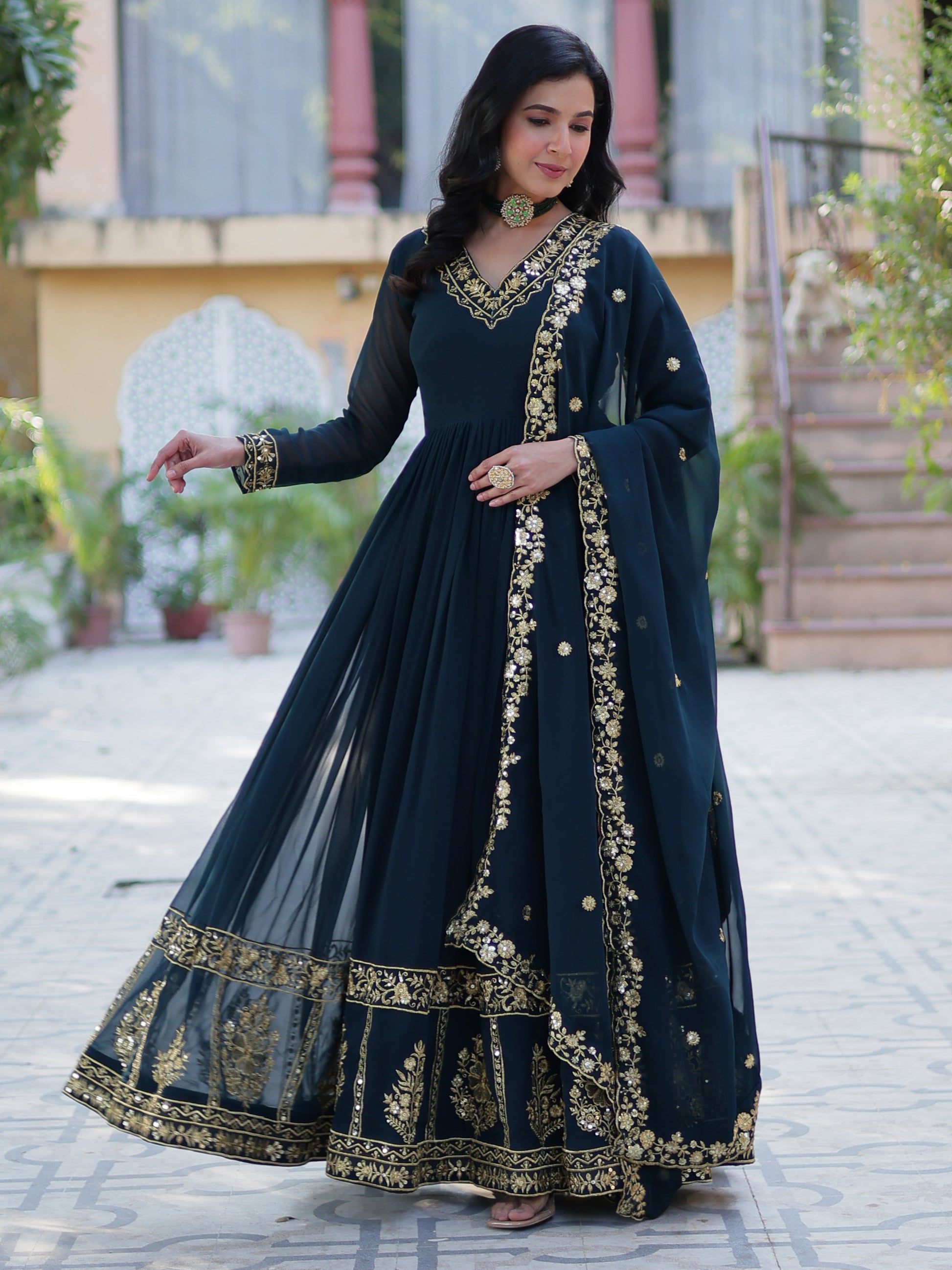 Enchanting Rama Blue Floral Thread Work Georgette Festive Wear Gown With Dupatta