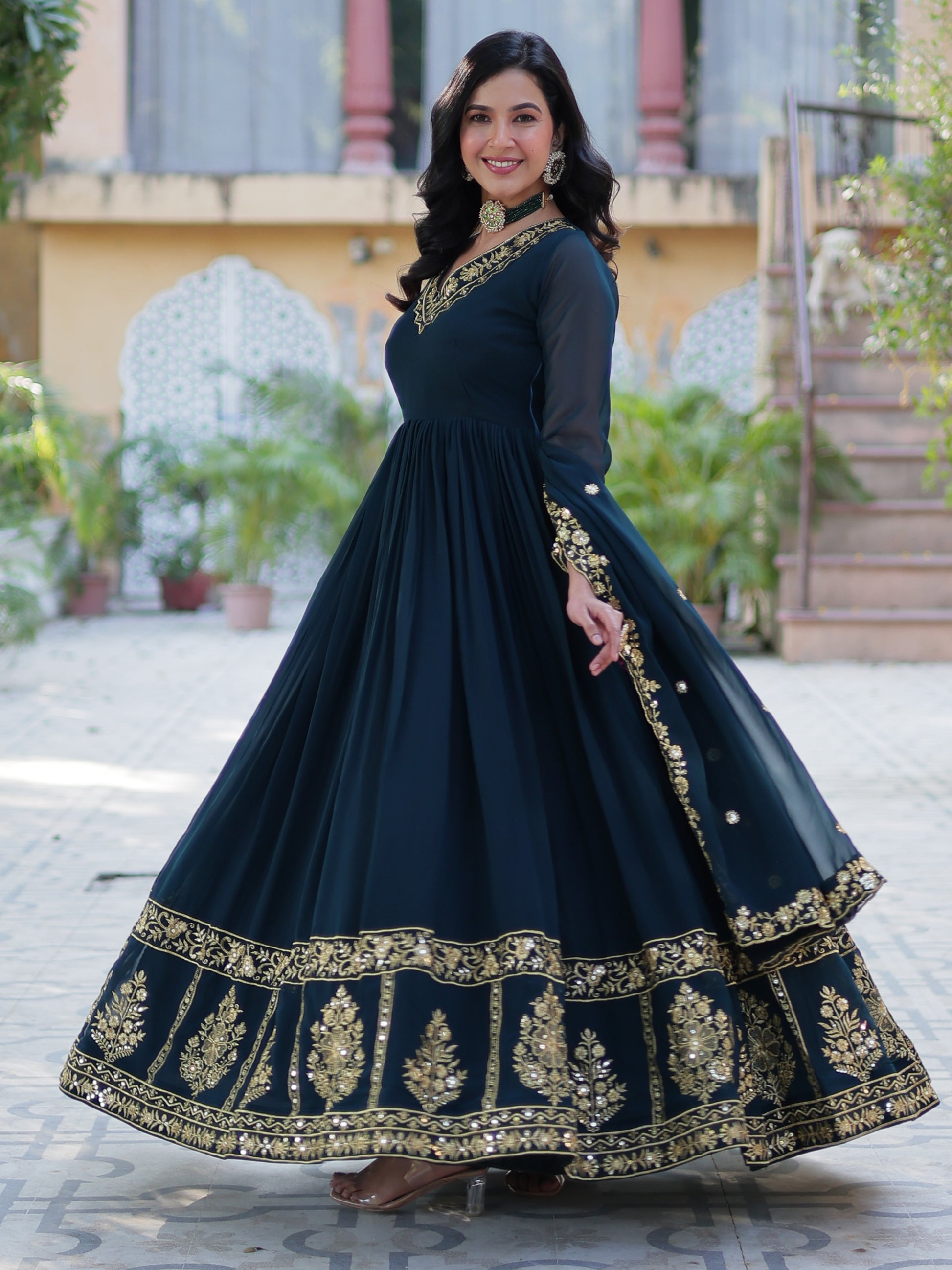 Enchanting Rama Blue Floral Thread Work Georgette Festive Wear Gown With Dupatta