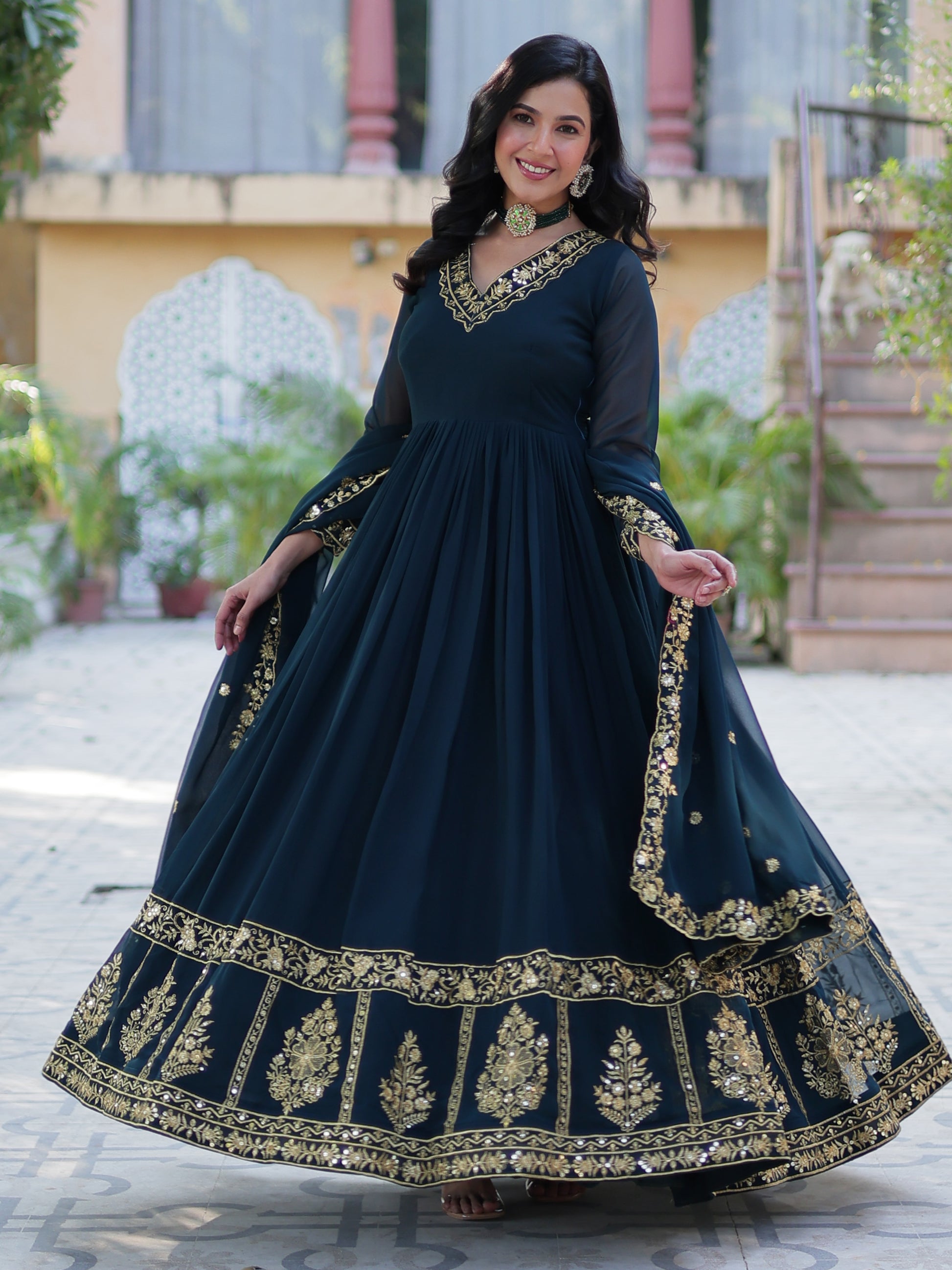 Enchanting Rama Blue Floral Thread Work Georgette Festive Wear Gown With Dupatta