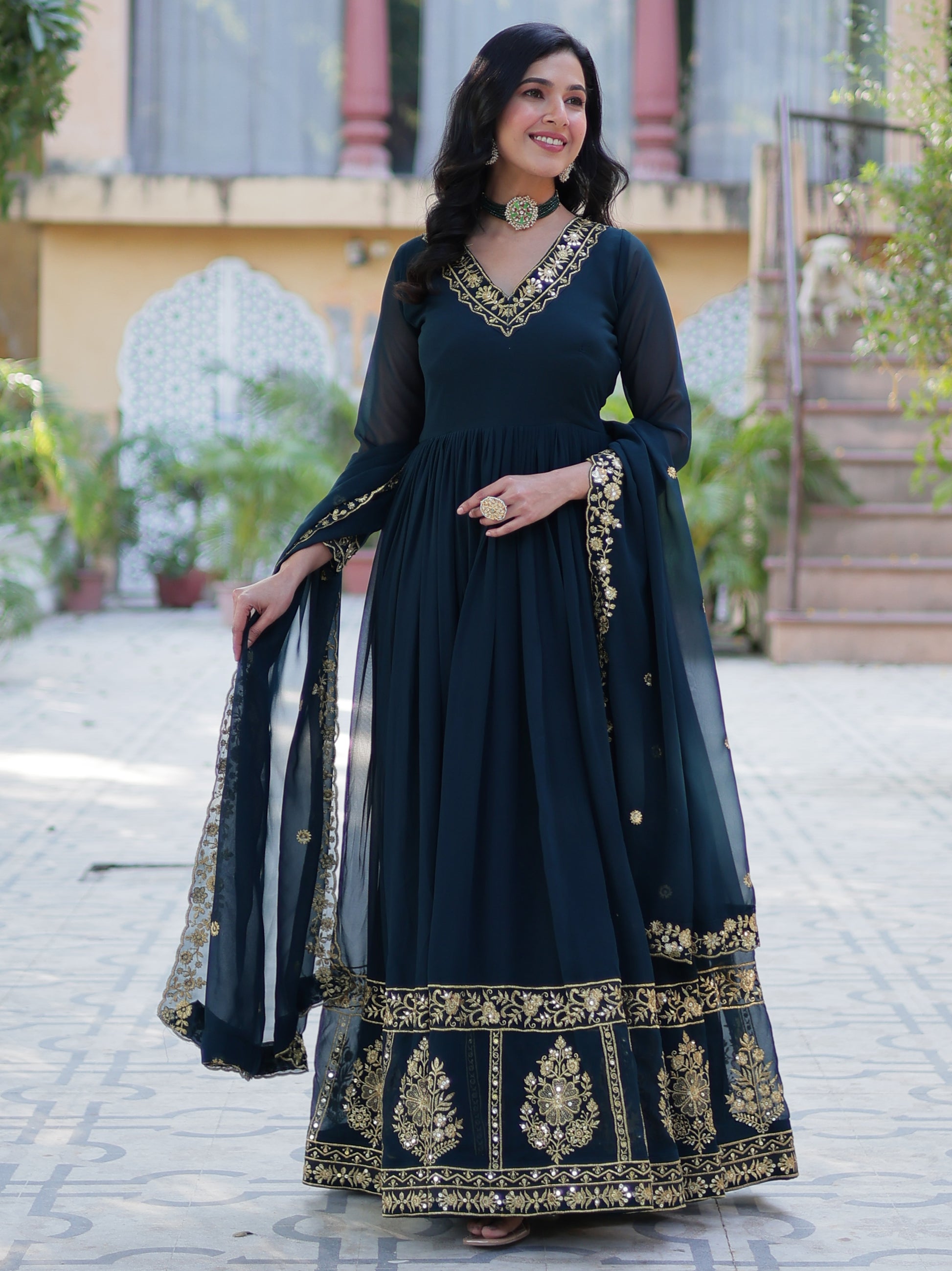 Enchanting Rama Blue Floral Thread Work Georgette Festive Wear Gown With Dupatta