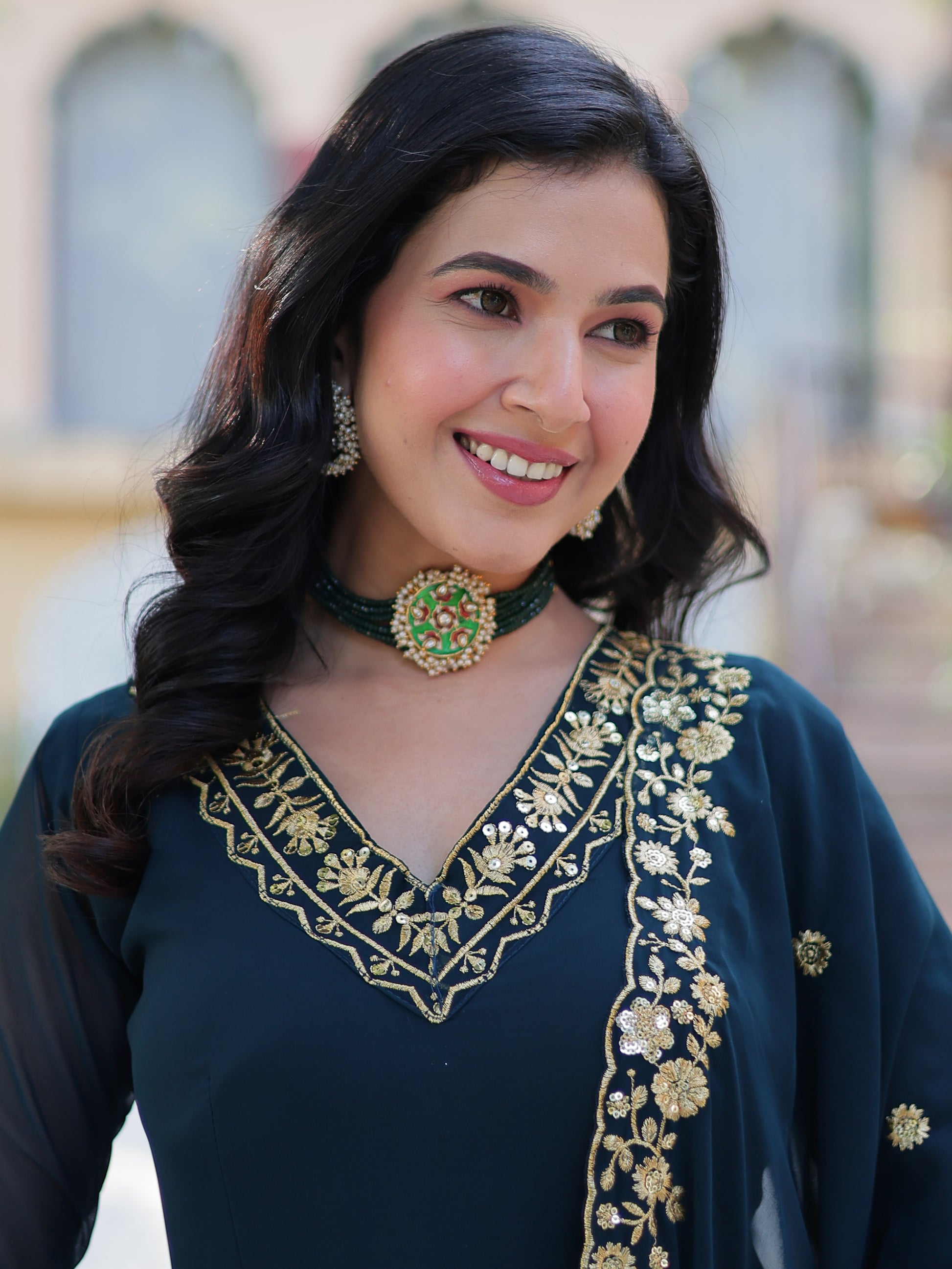 Enchanting Rama Blue Floral Thread Work Georgette Festive Wear Gown With Dupatta