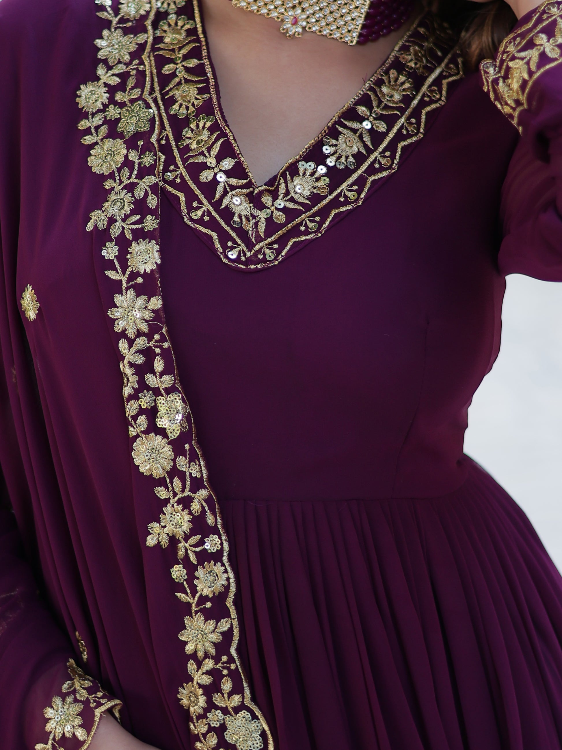 Alluring Wine Floral Thread Work Georgette Engagement Wear Gown With Dupatta