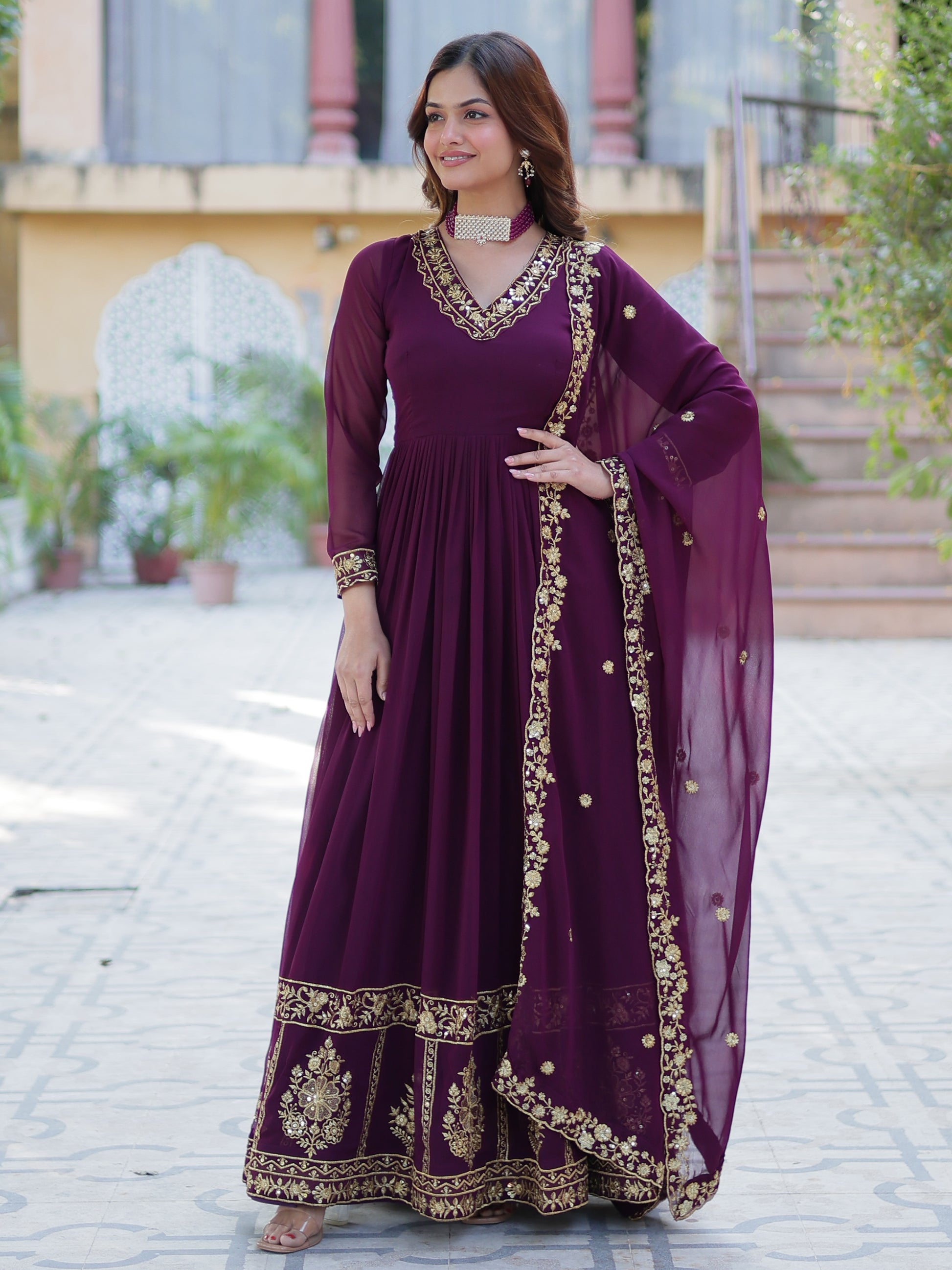 Alluring Wine Floral Thread Work Georgette Engagement Wear Gown With Dupatta