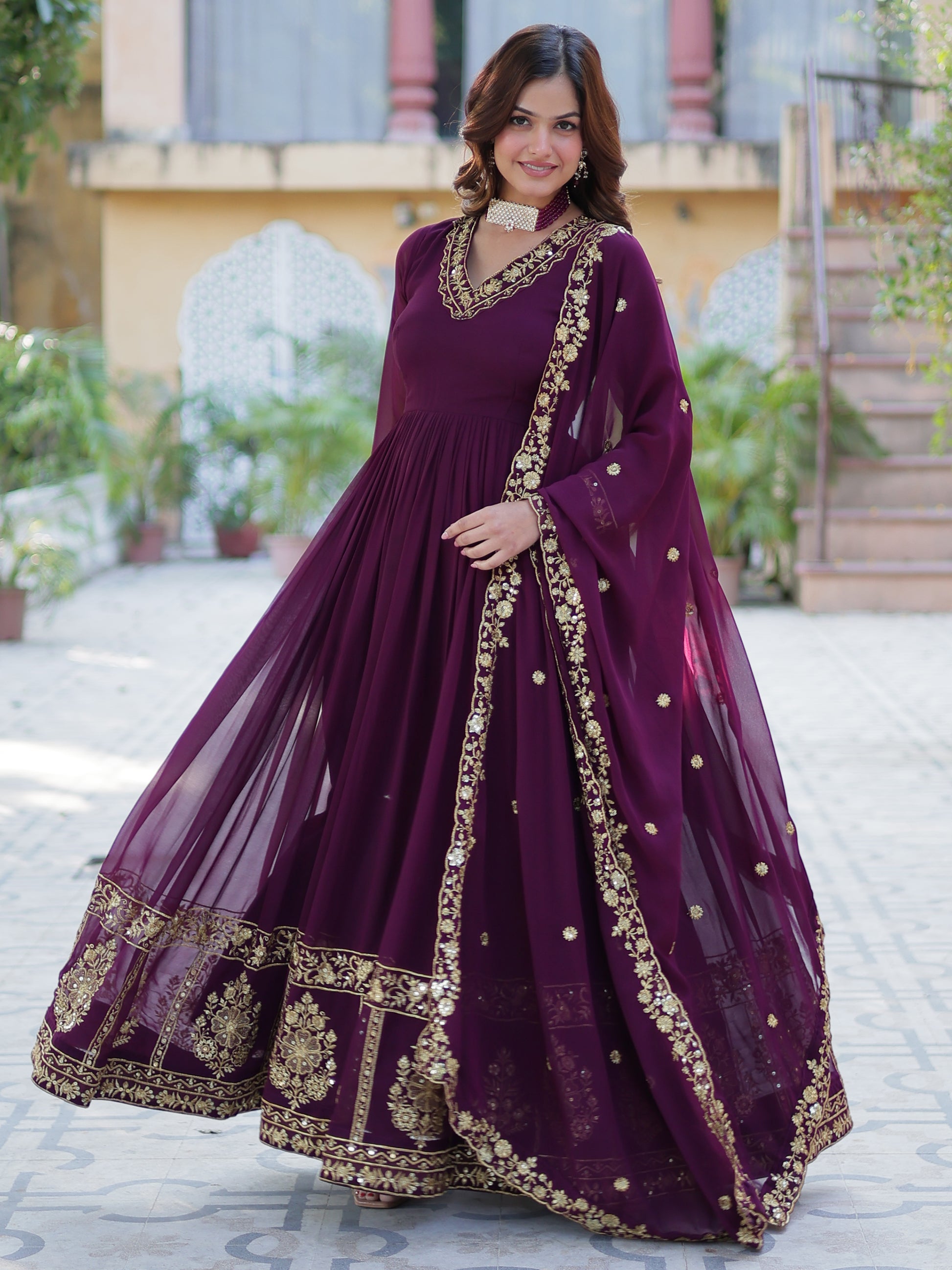 Alluring Wine Floral Thread Work Georgette Engagement Wear Gown With Dupatta