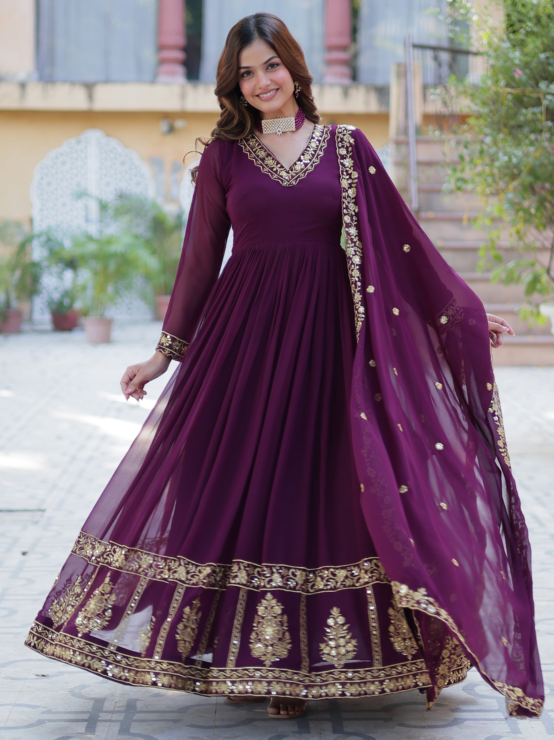 Alluring Wine Floral Thread Work Georgette Engagement Wear Gown With Dupatta