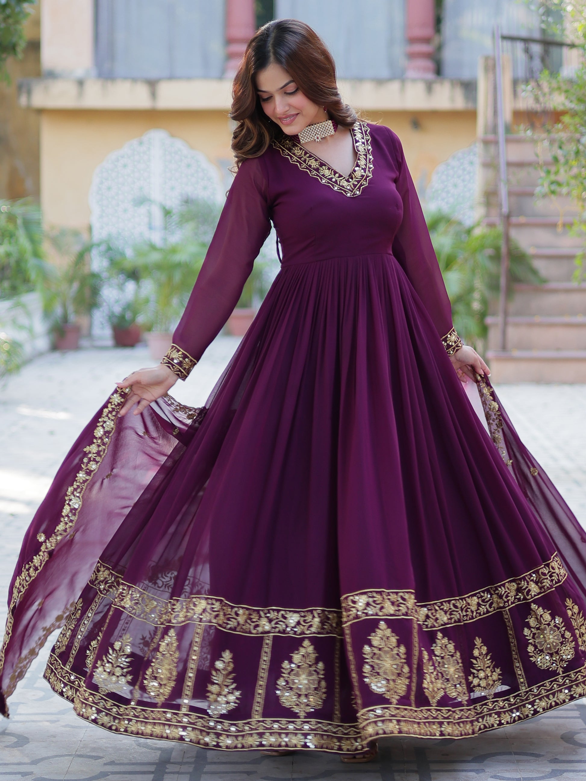 Alluring Wine Floral Thread Work Georgette Engagement Wear Gown With Dupatta