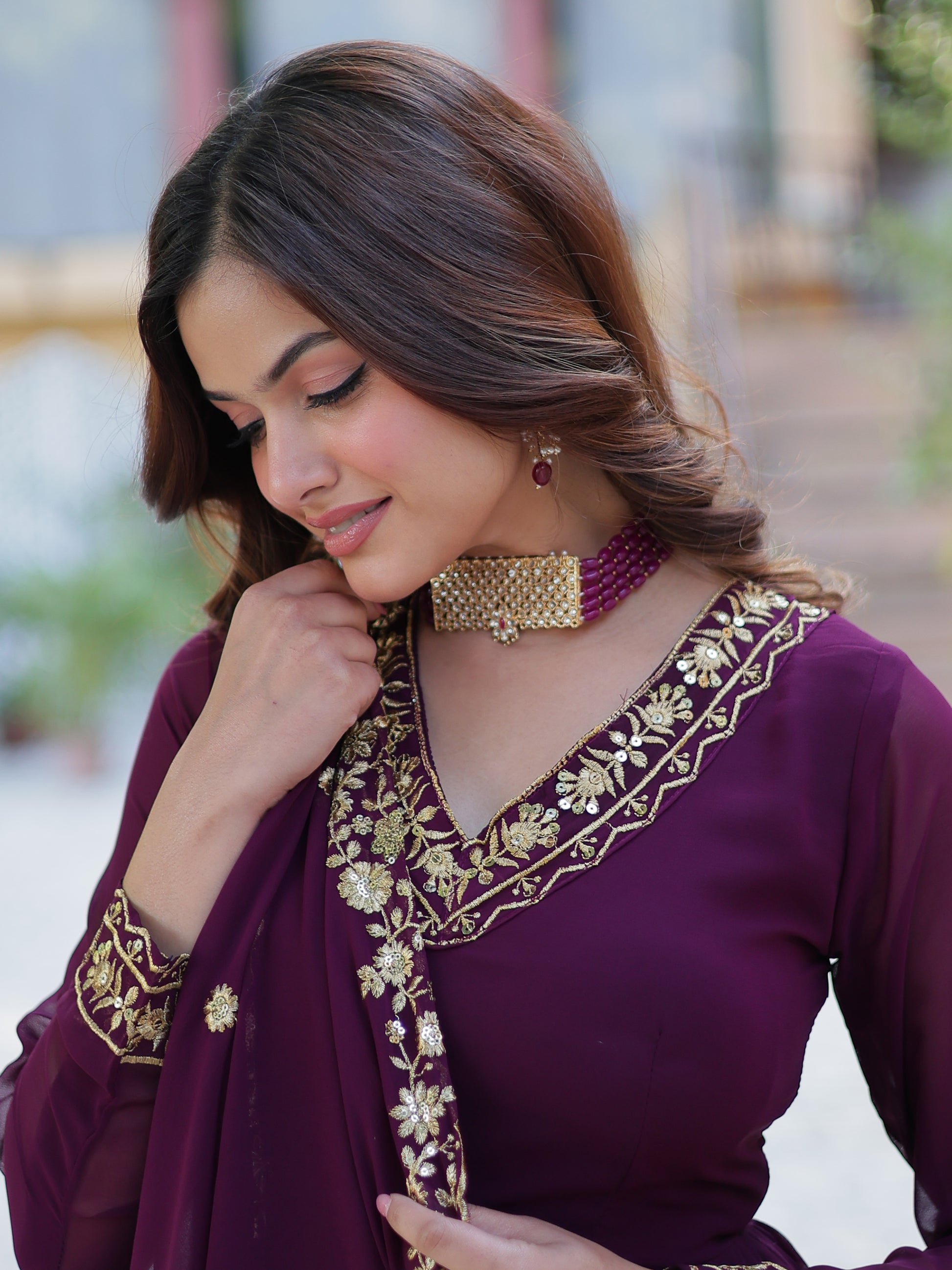 Alluring Wine Floral Thread Work Georgette Engagement Wear Gown With Dupatta