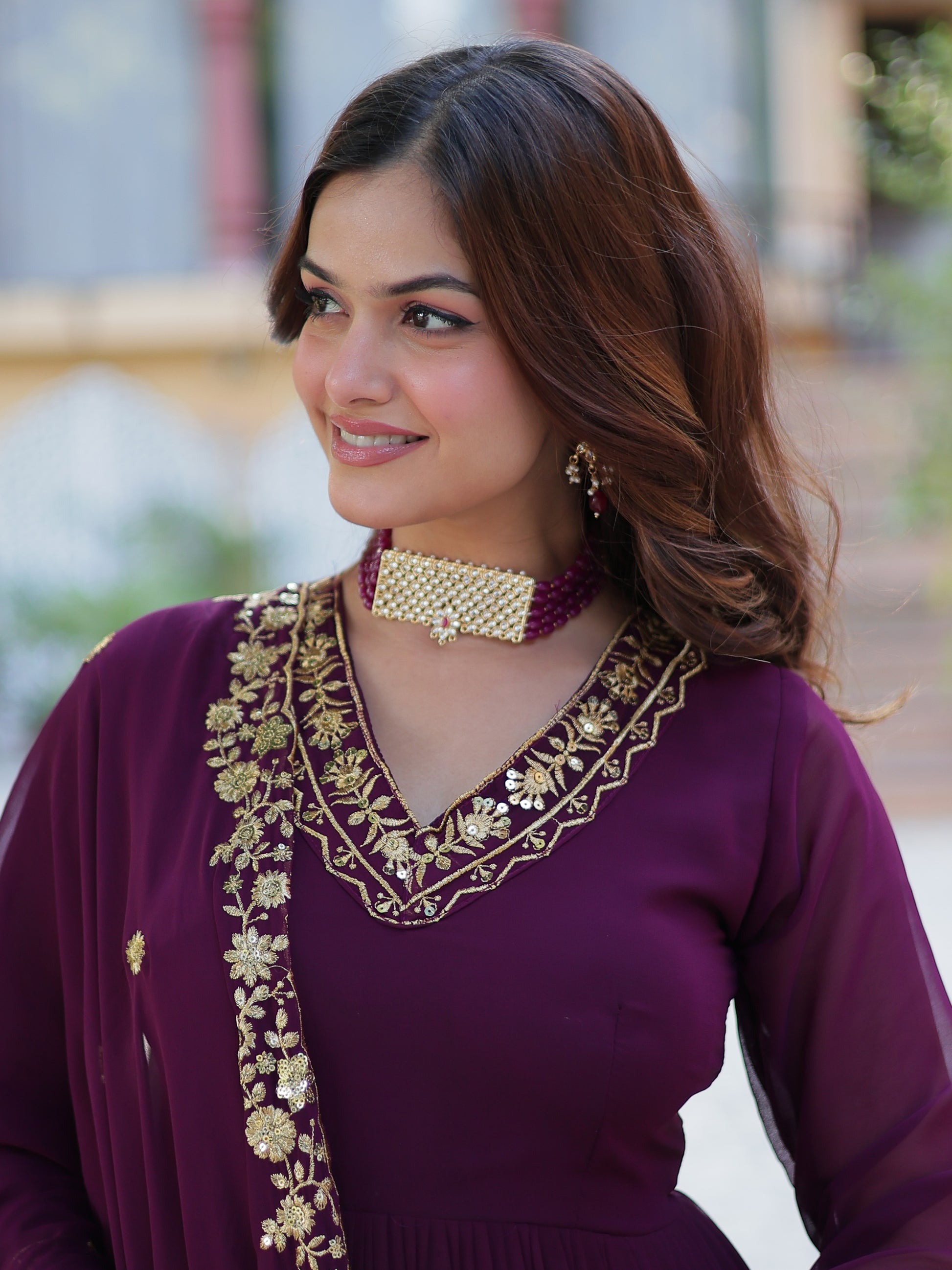 Alluring Wine Floral Thread Work Georgette Engagement Wear Gown With Dupatta