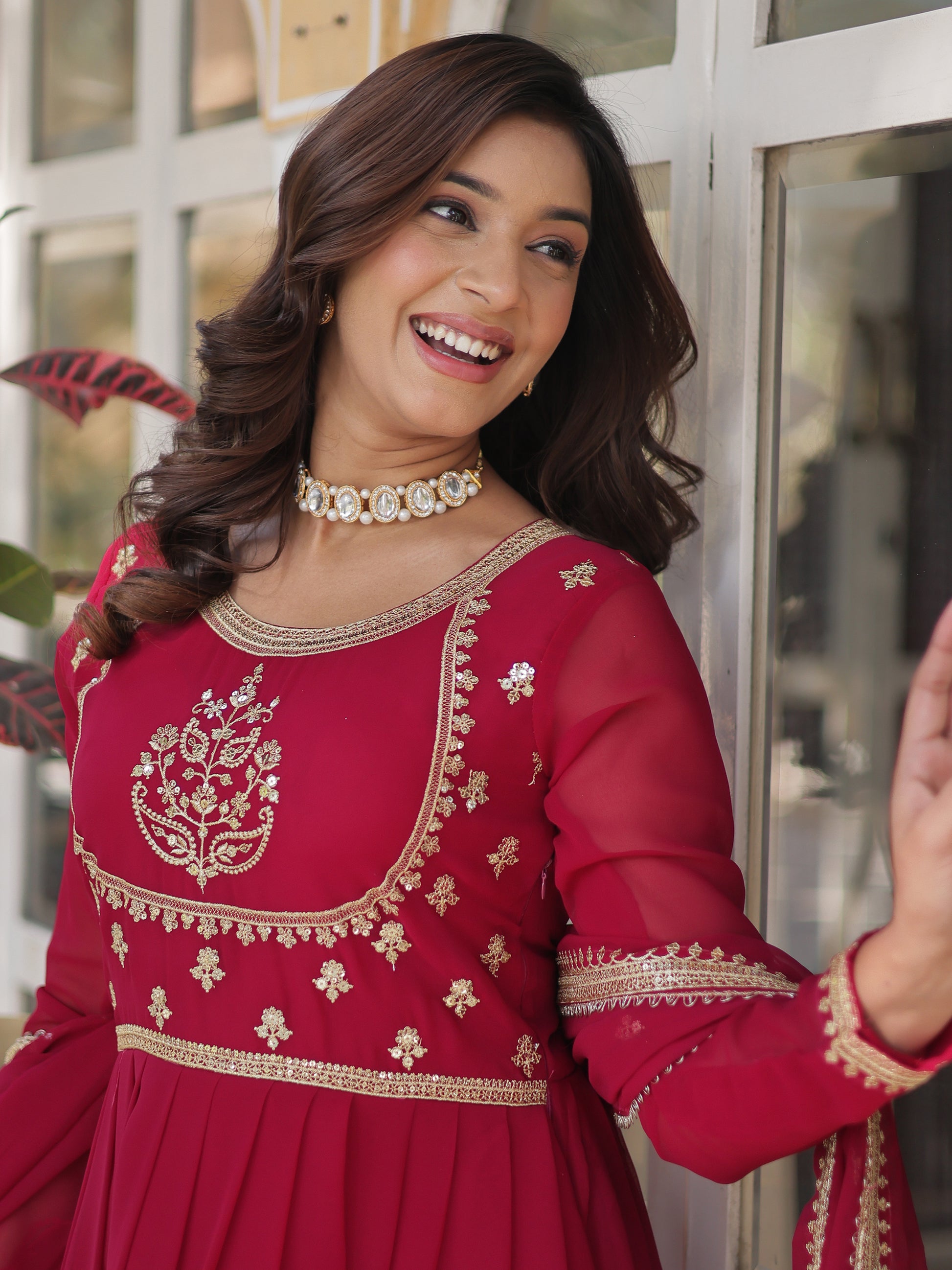 Attractive Pink Sequins Work Georgette Wedding Wear Gown With Dupatta