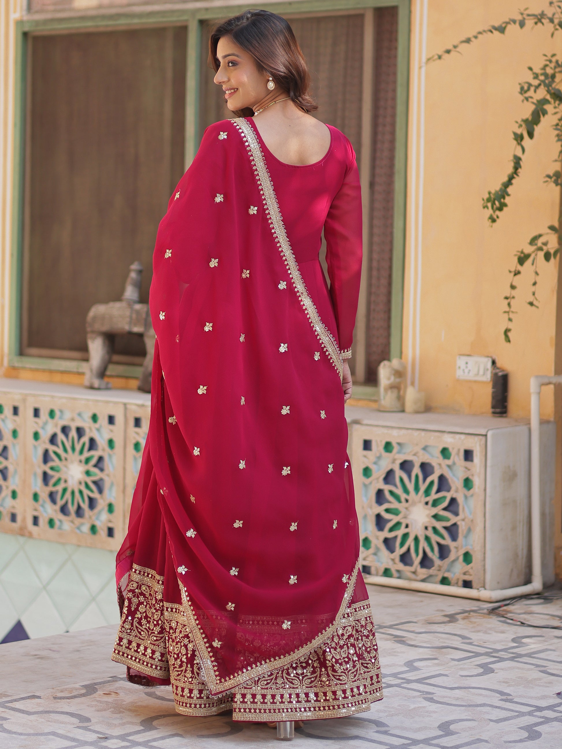 Attractive Pink Sequins Work Georgette Wedding Wear Gown With Dupatta