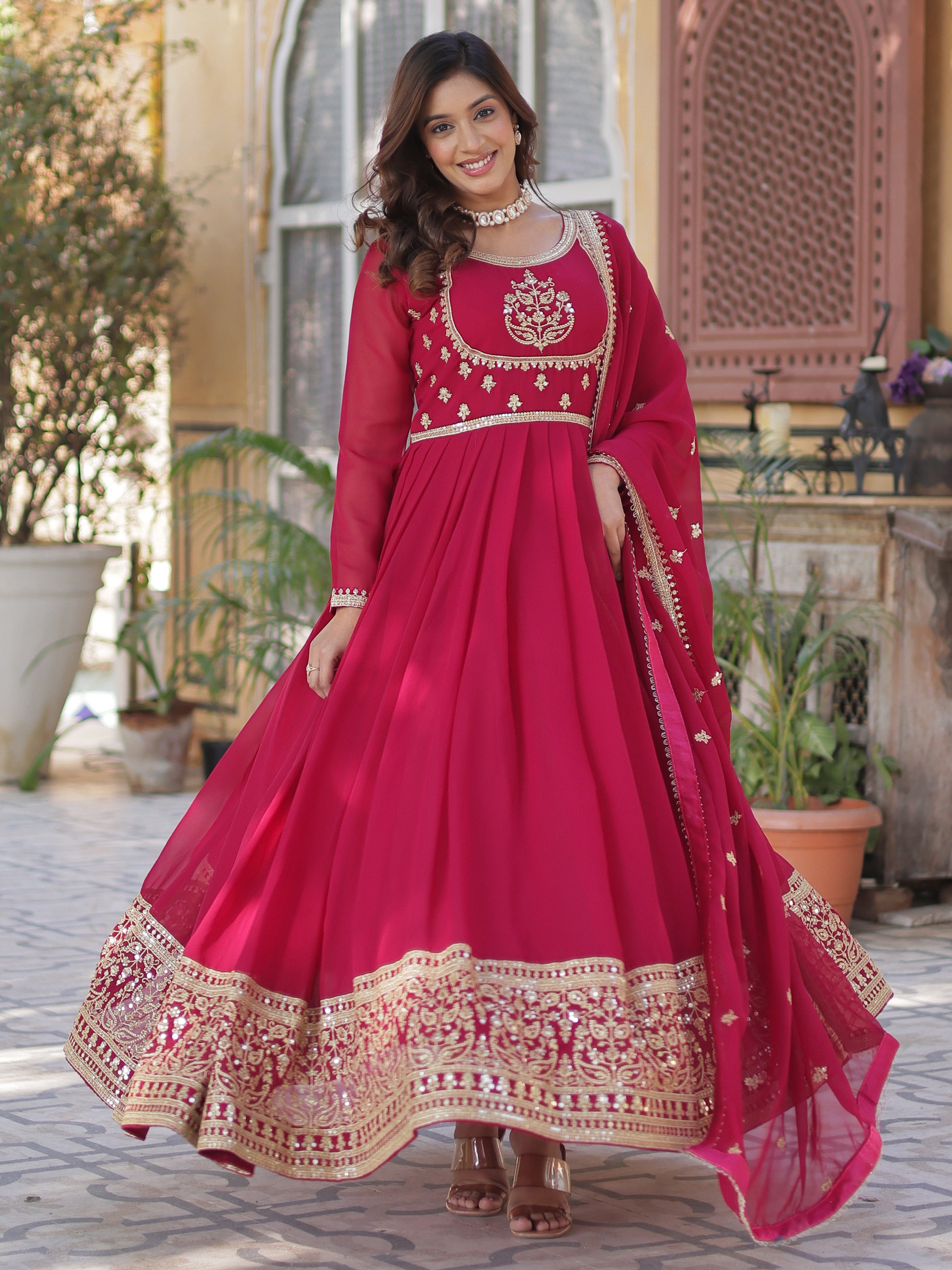 Attractive Pink Sequins Work Georgette Wedding Wear Gown With Dupatta
