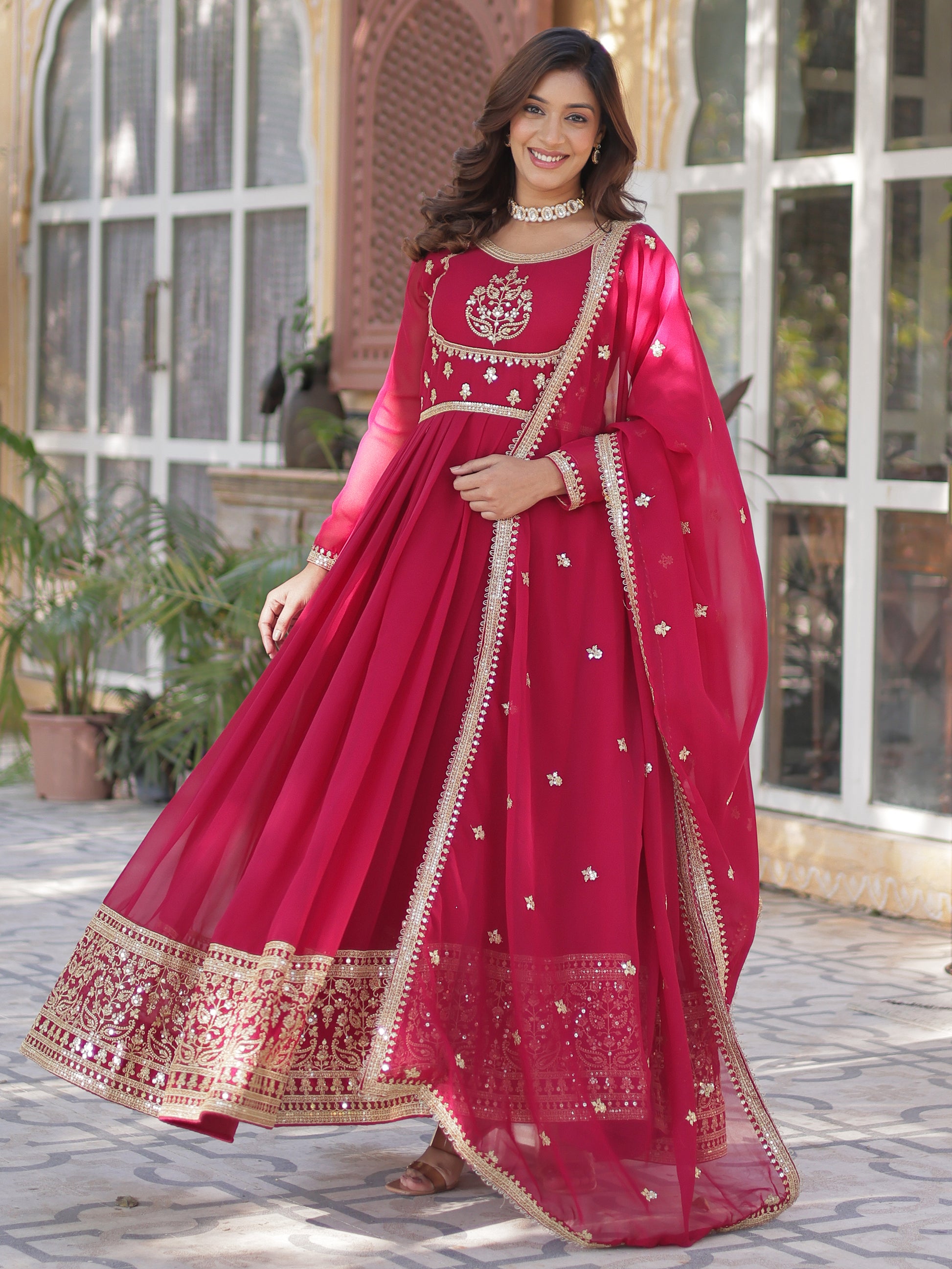 Attractive Pink Sequins Work Georgette Wedding Wear Gown With Dupatta
