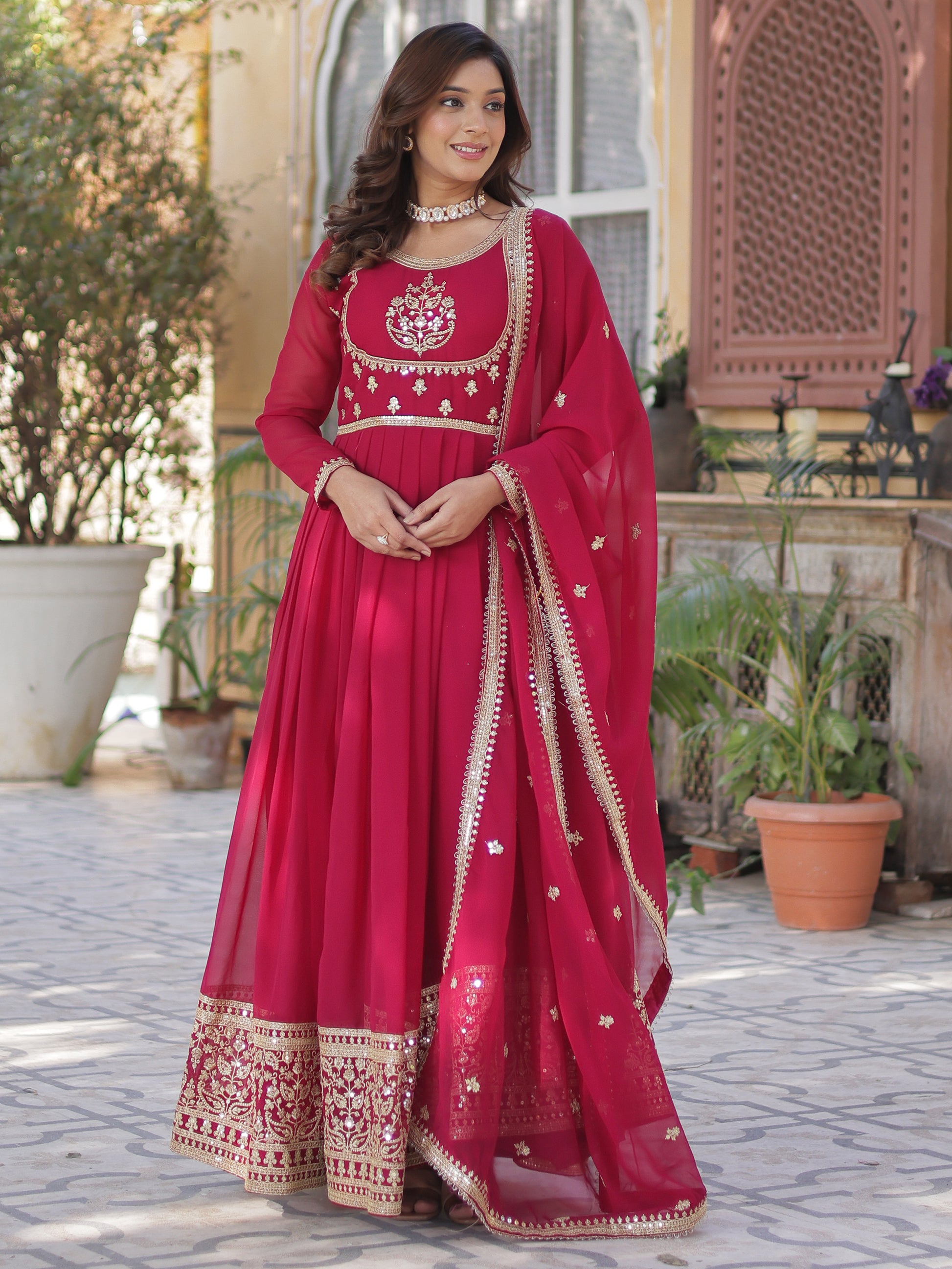 Attractive Pink Sequins Work Georgette Wedding Wear Gown With Dupatta