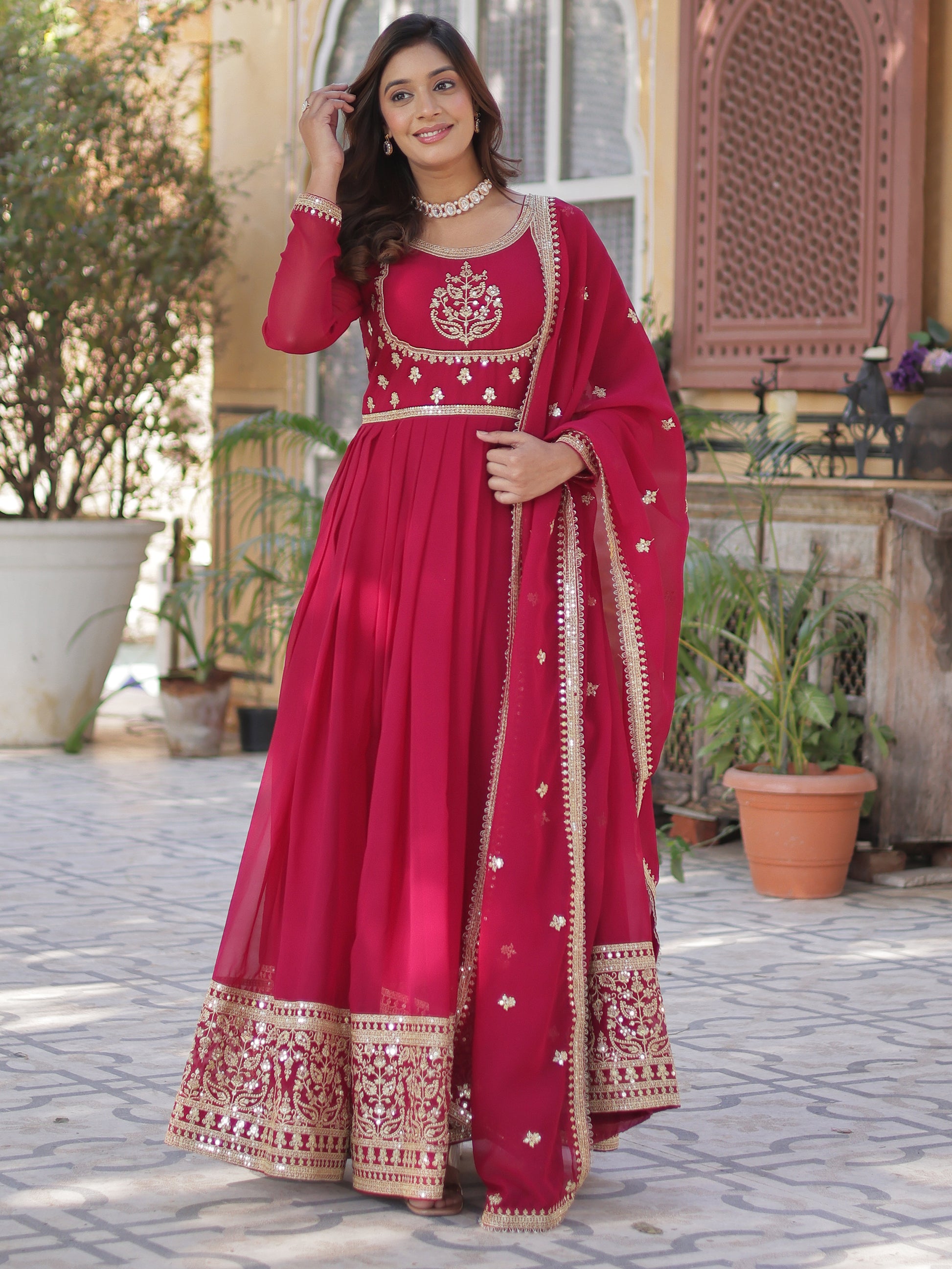 Attractive Pink Sequins Work Georgette Wedding Wear Gown With Dupatta
