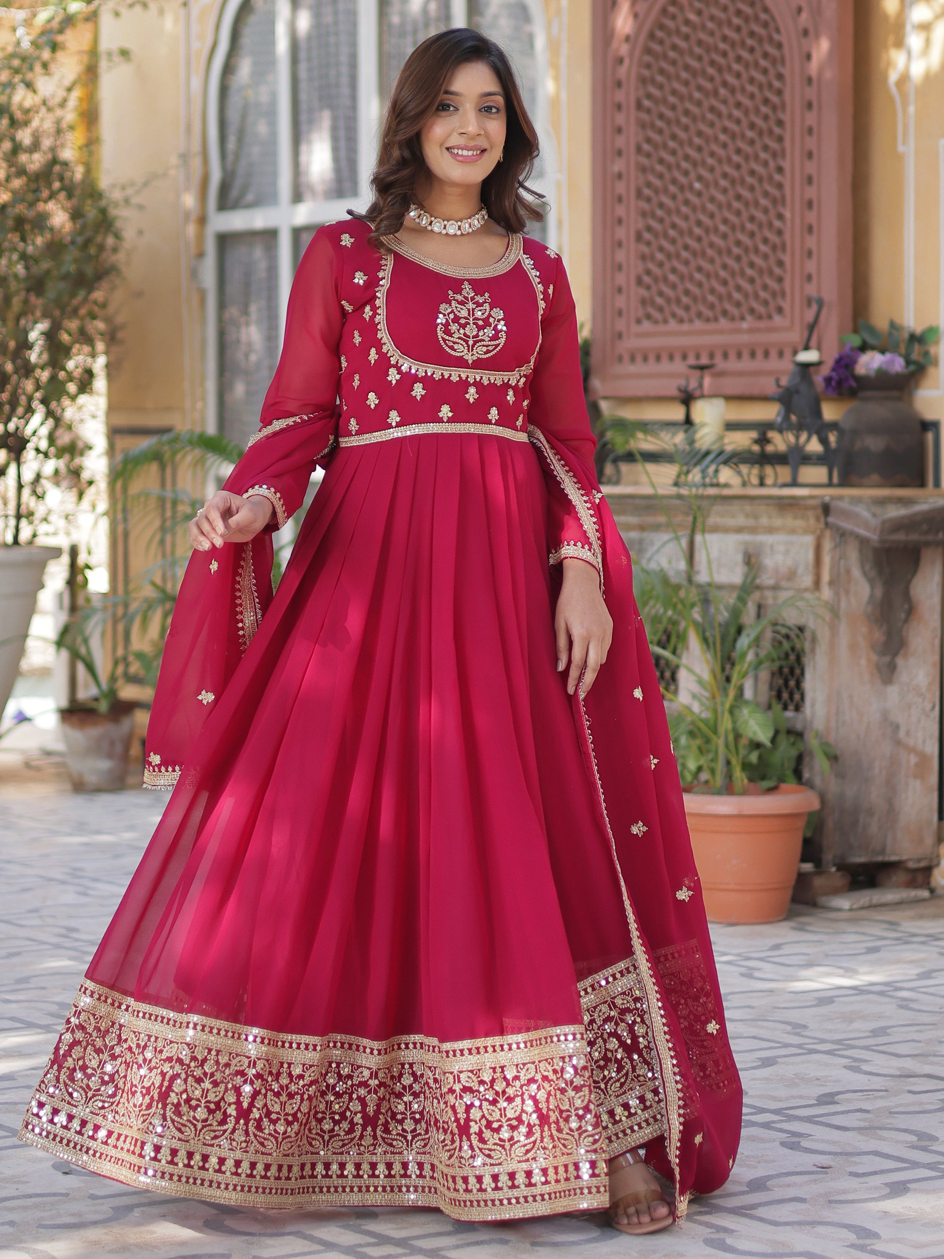 Attractive Pink Sequins Work Georgette Wedding Wear Gown With Dupatta