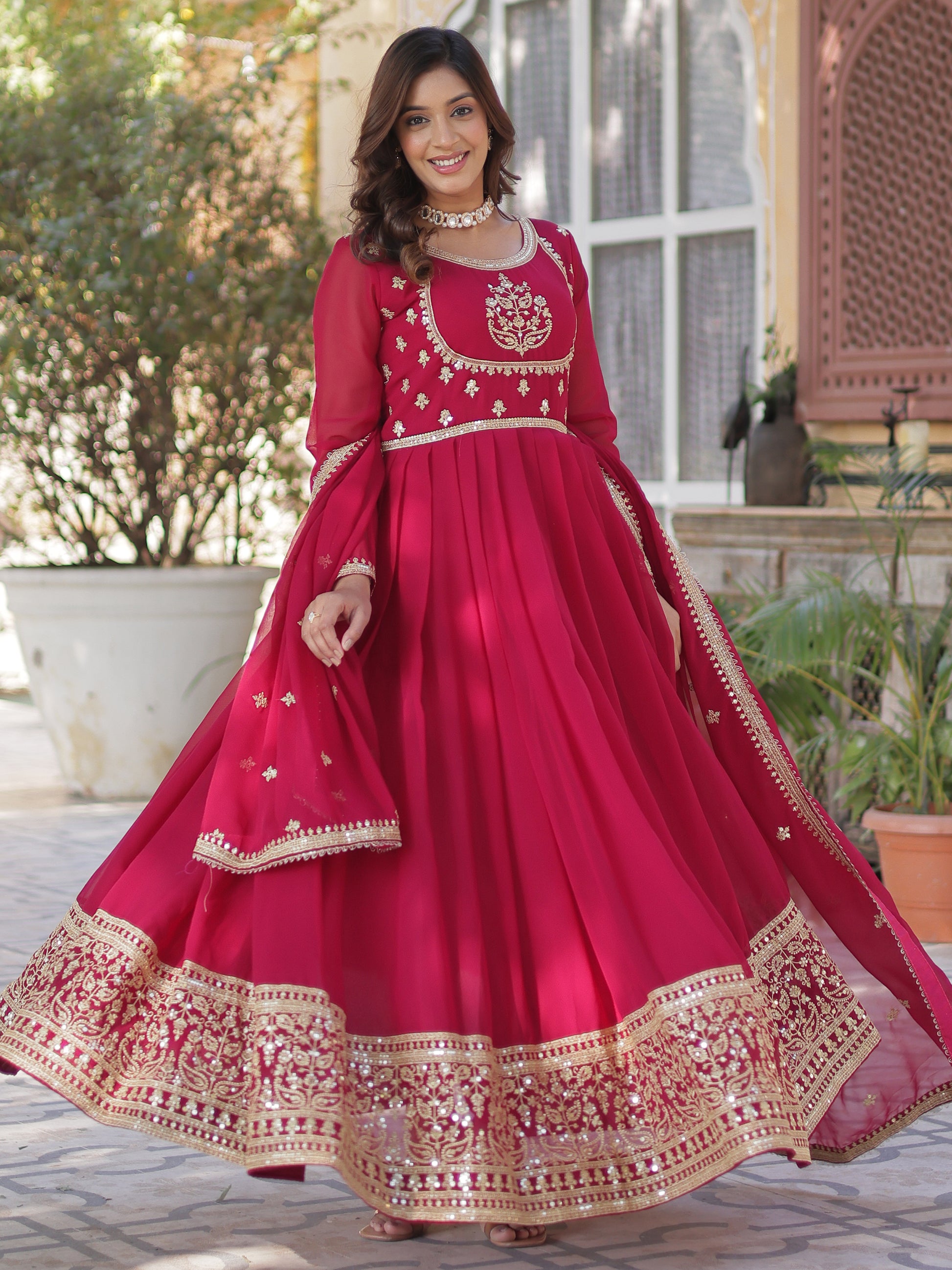 Attractive Pink Sequins Work Georgette Wedding Wear Gown With Dupatta