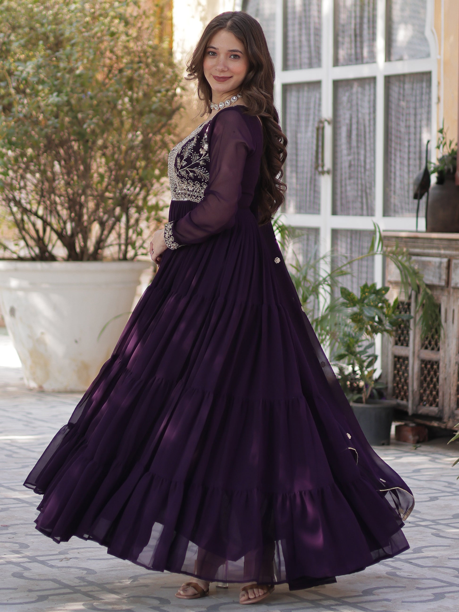 Pretty Wine Pearl Work Georgette Party Wear Gown With Dupatta