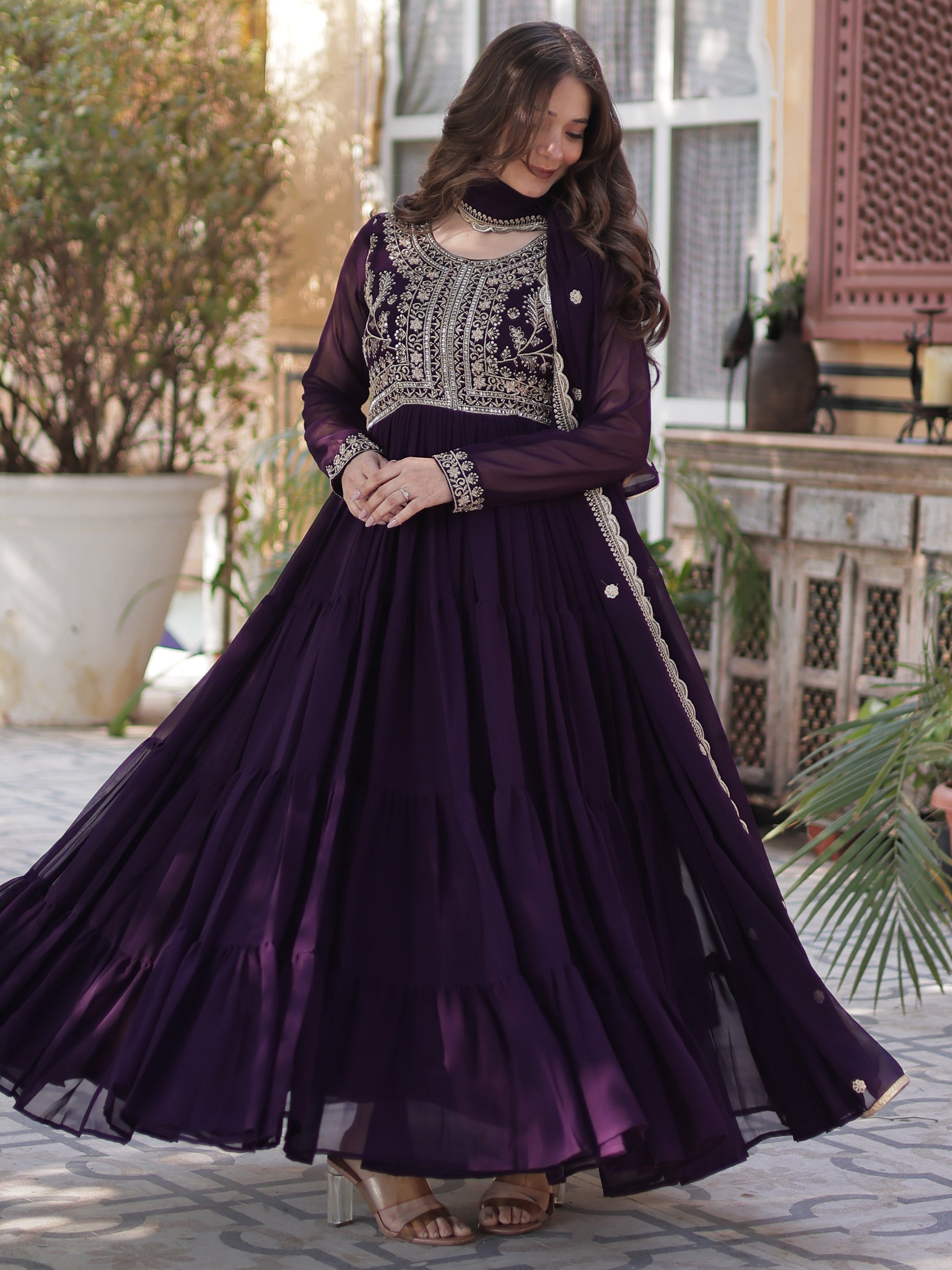 Pretty Wine Pearl Work Georgette Party Wear Gown With Dupatta