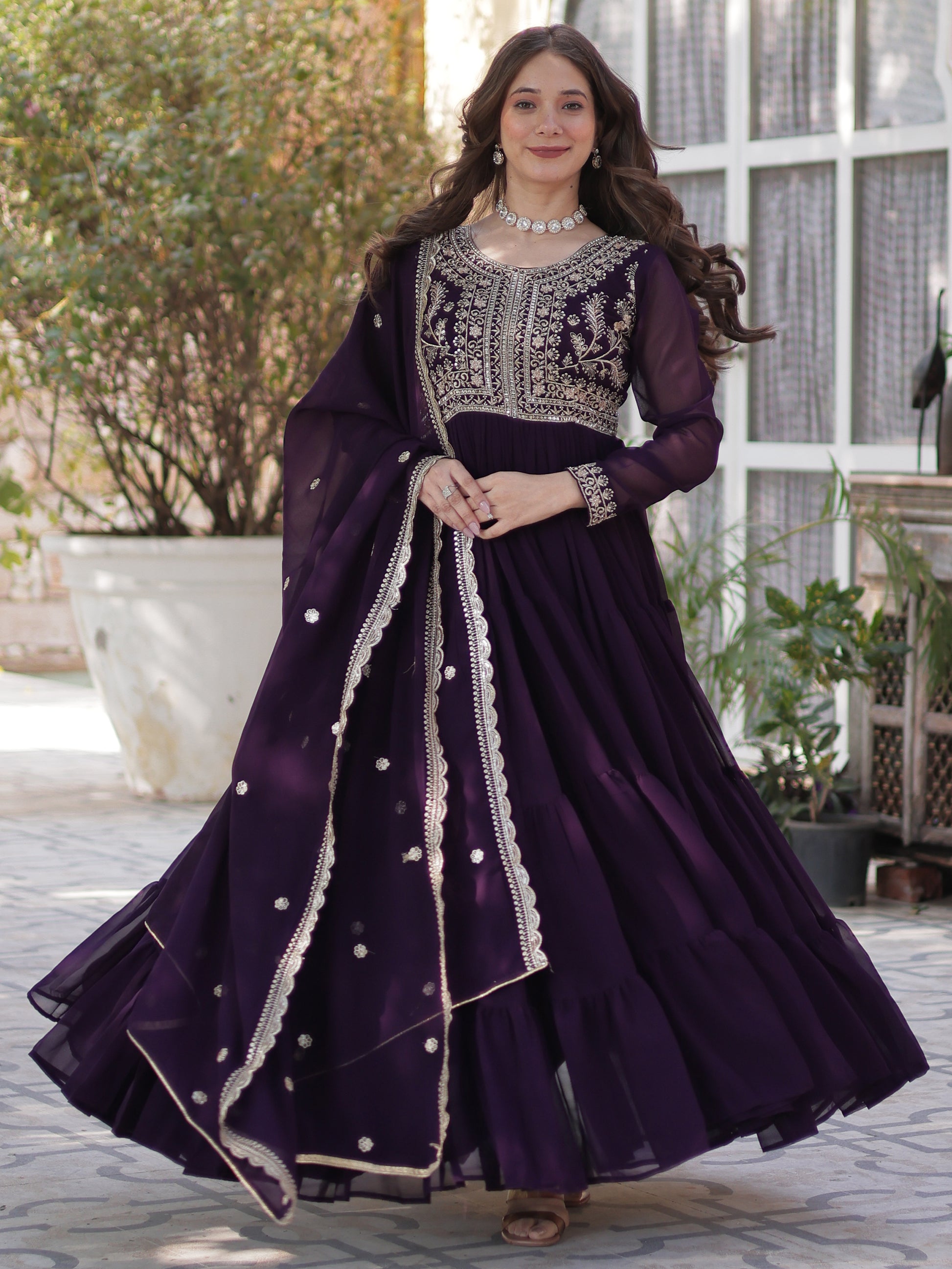 Pretty Wine Pearl Work Georgette Party Wear Gown With Dupatta