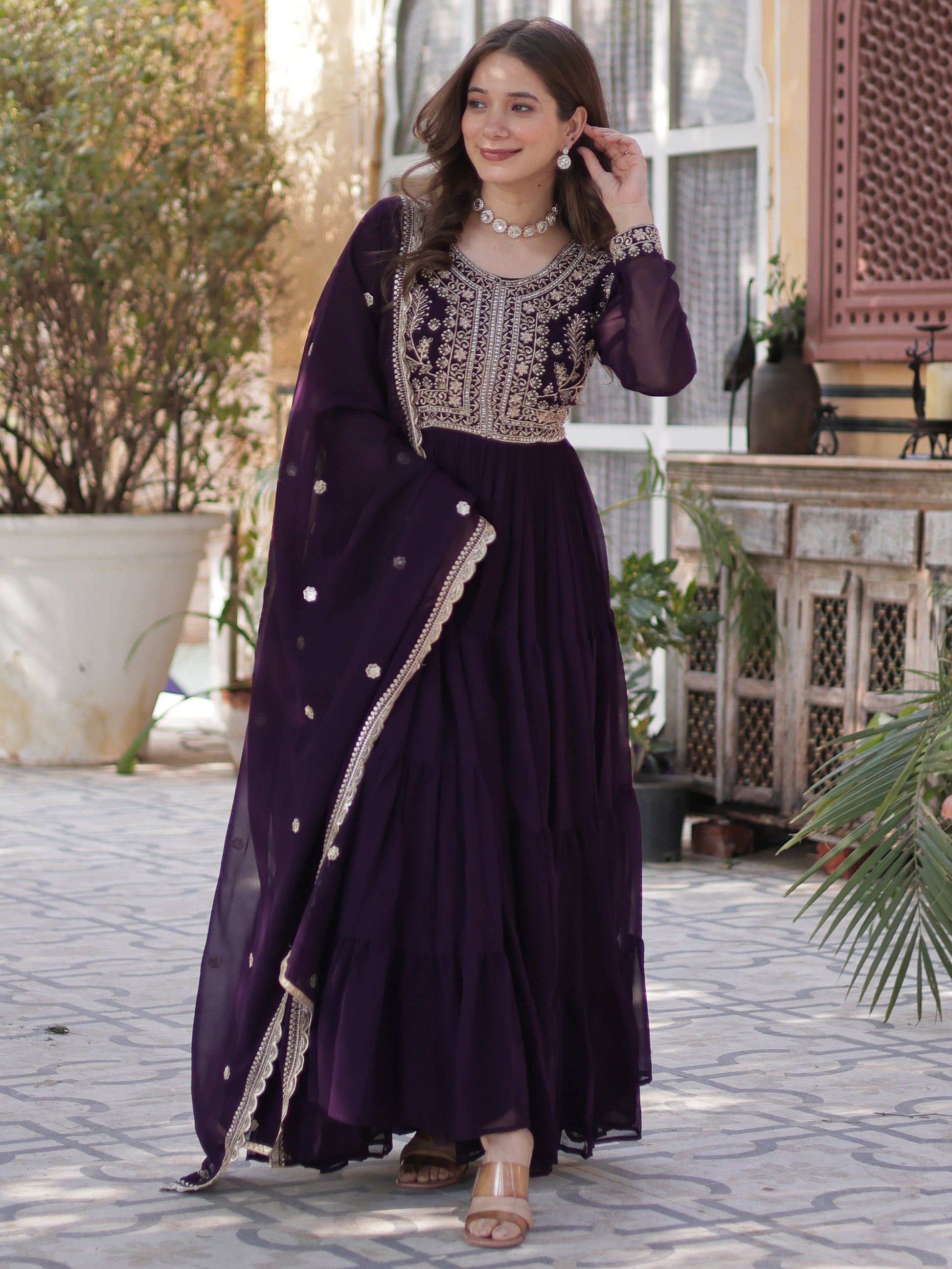 Pretty Wine Pearl Work Georgette Party Wear Gown With Dupatta