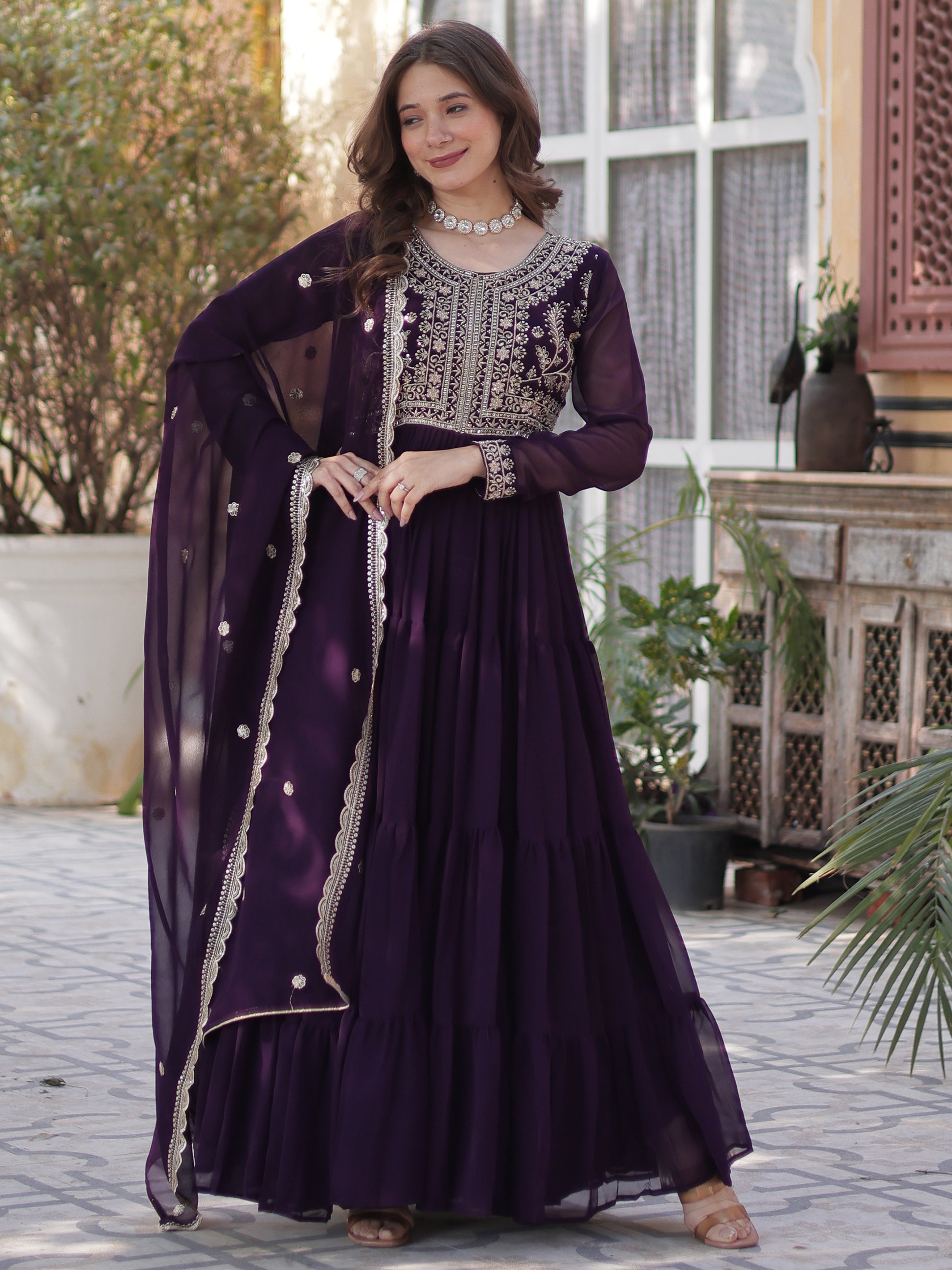 Pretty Wine Pearl Work Georgette Party Wear Gown With Dupatta
