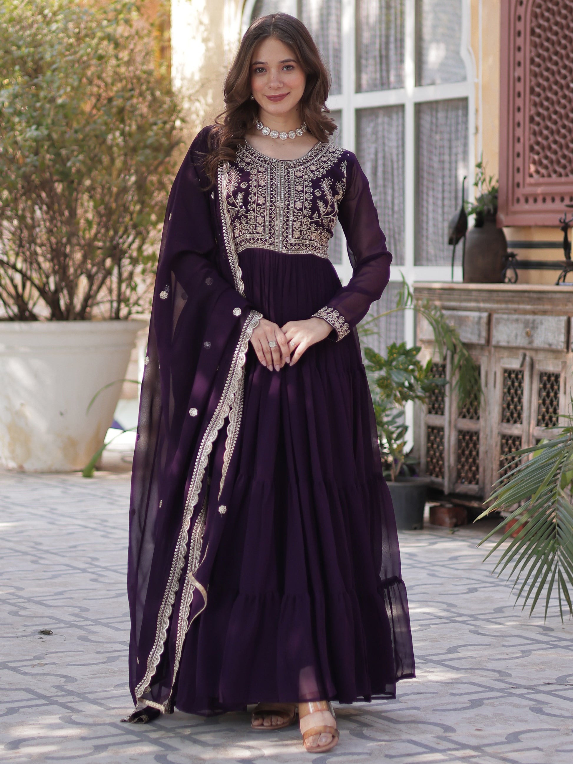 Pretty Wine Pearl Work Georgette Party Wear Gown With Dupatta