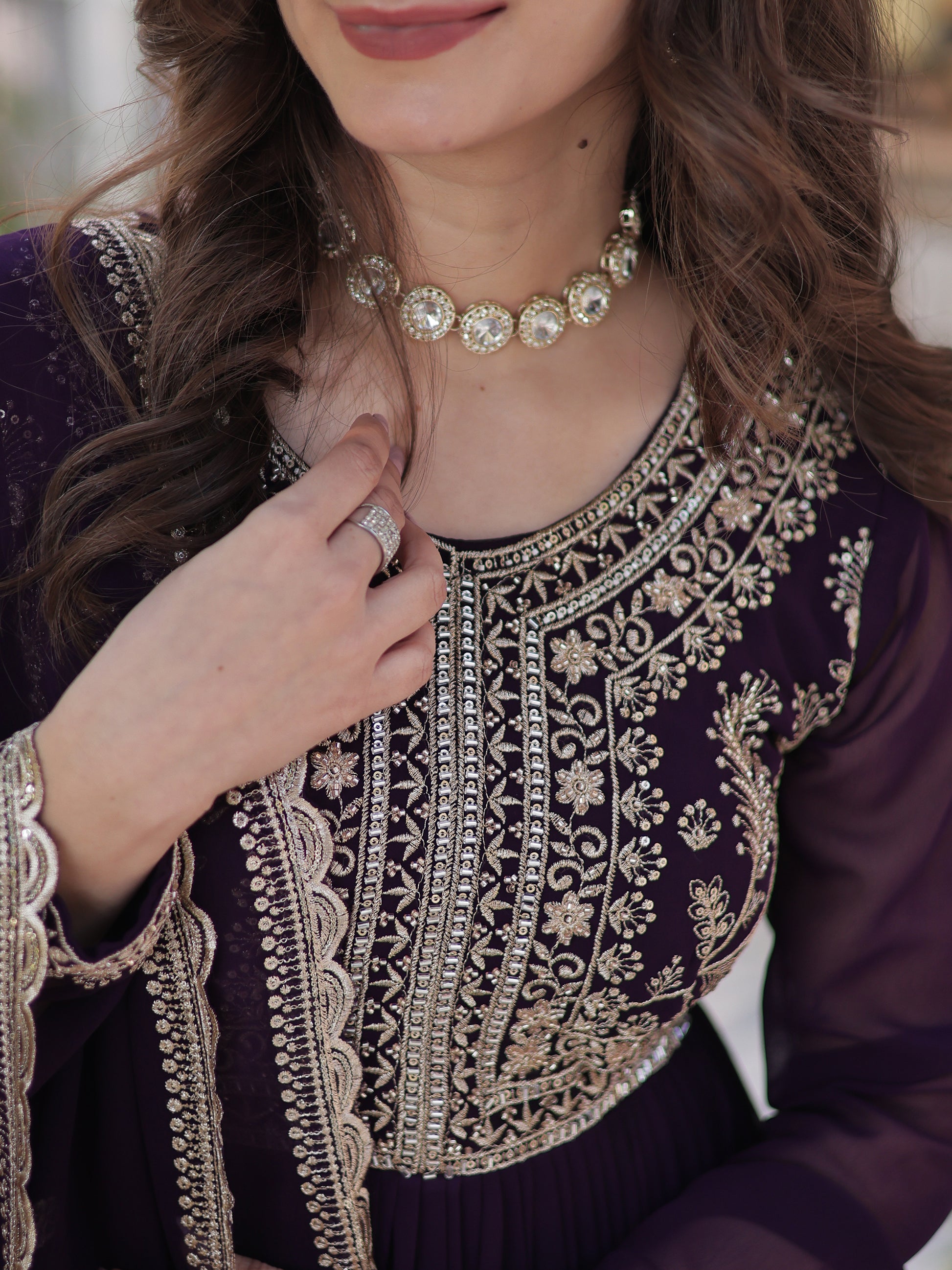 Pretty Wine Pearl Work Georgette Party Wear Gown With Dupatta