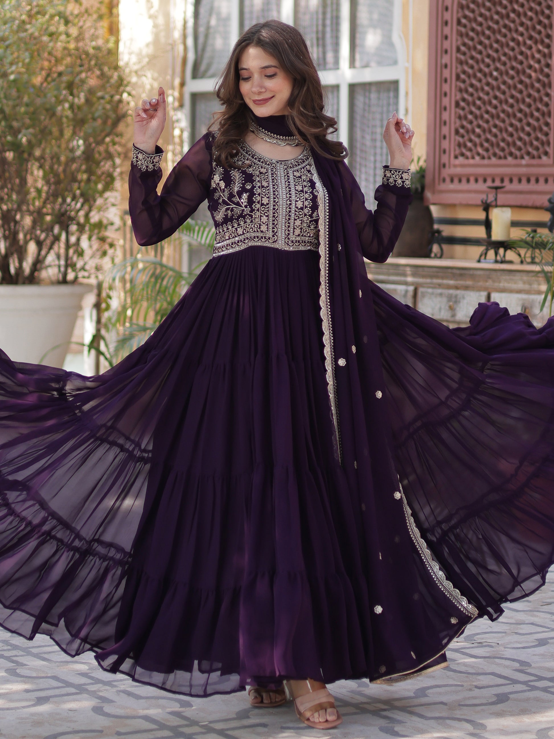 Pretty Wine Pearl Work Georgette Party Wear Gown With Dupatta