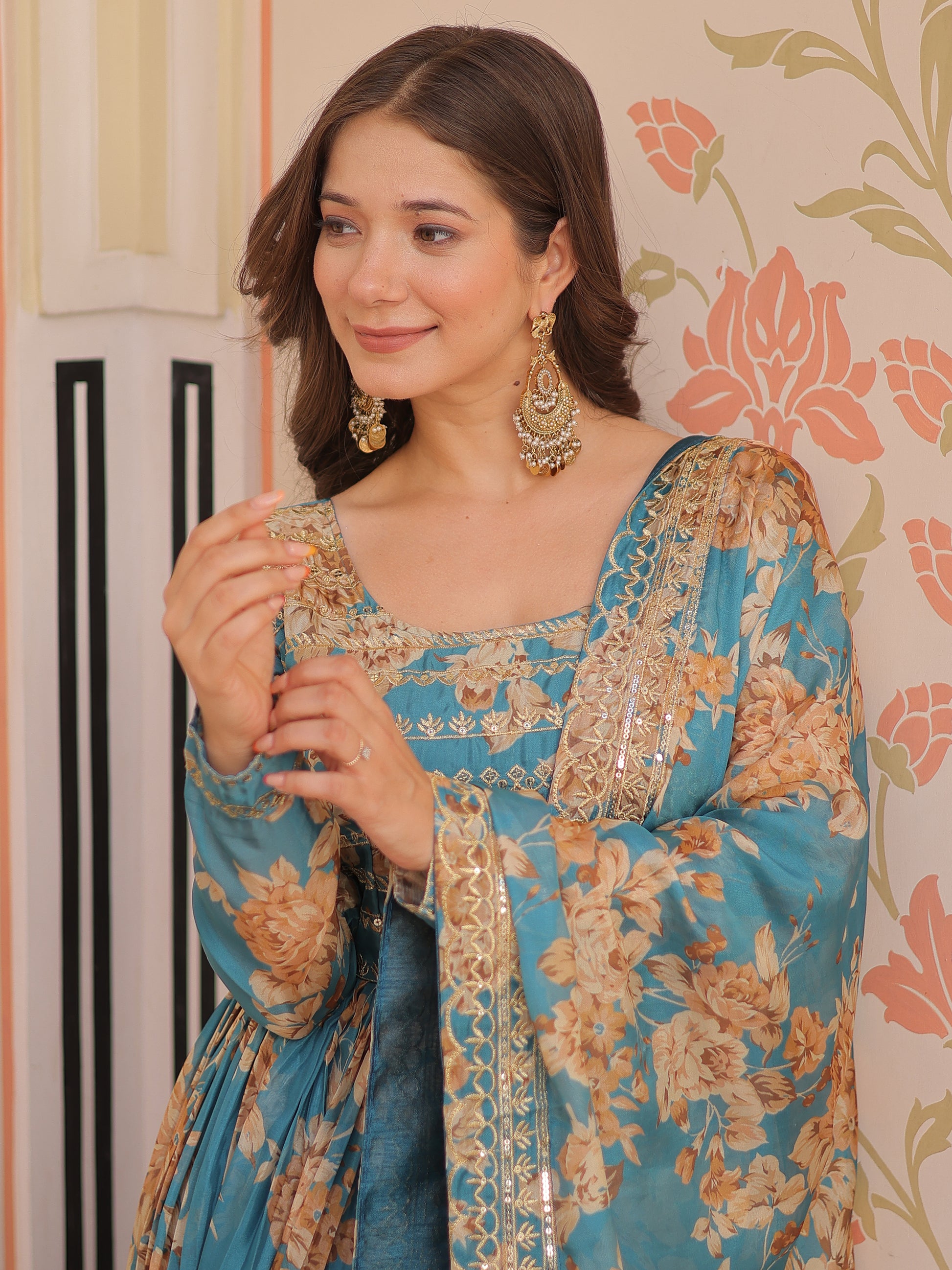 Alluring Sky Blue Floral Printed Silk Traditional Gown With Dupatta