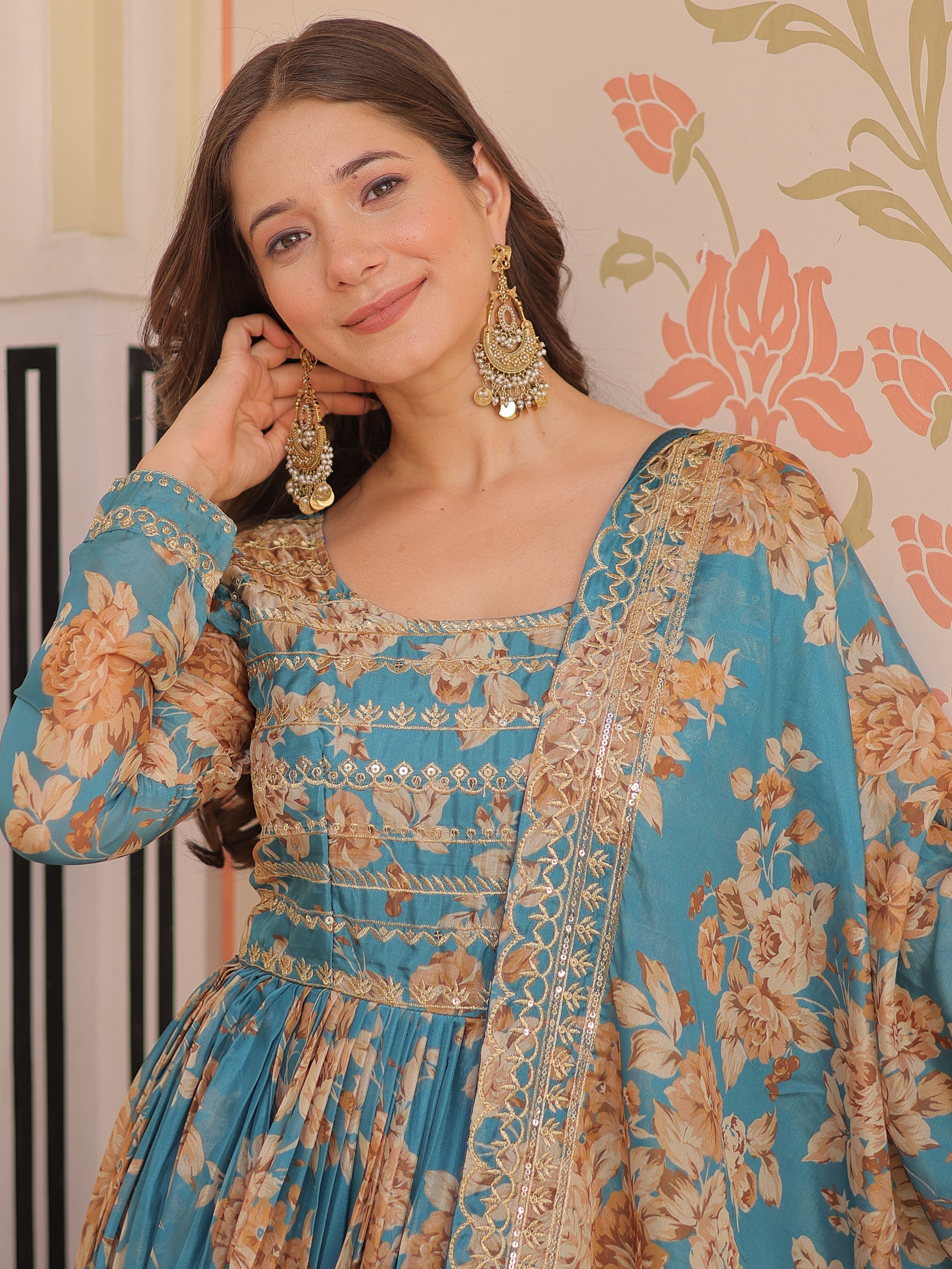 Alluring Sky Blue Floral Printed Silk Traditional Gown With Dupatta
