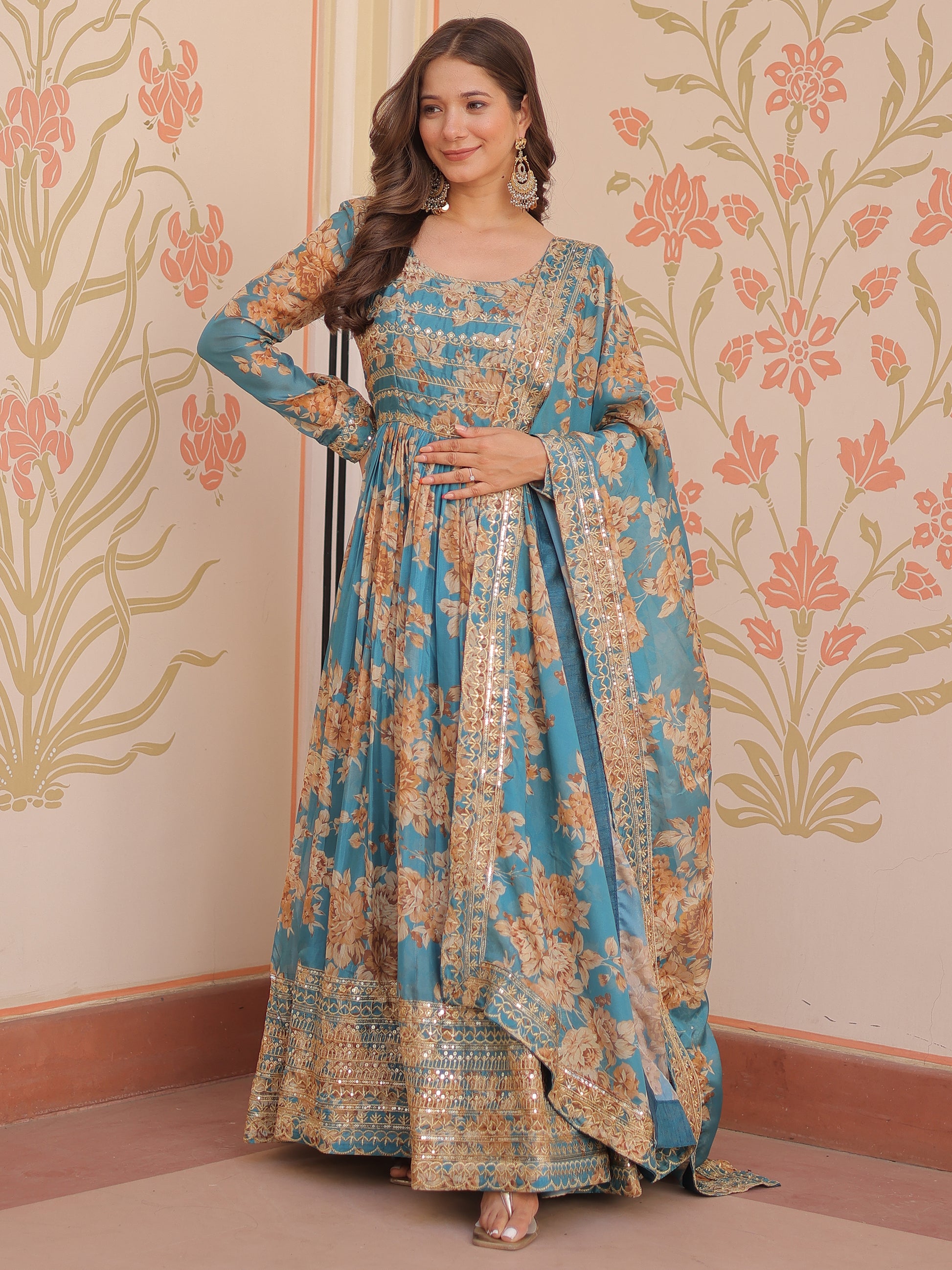 Alluring Sky Blue Floral Printed Silk Traditional Gown With Dupatta